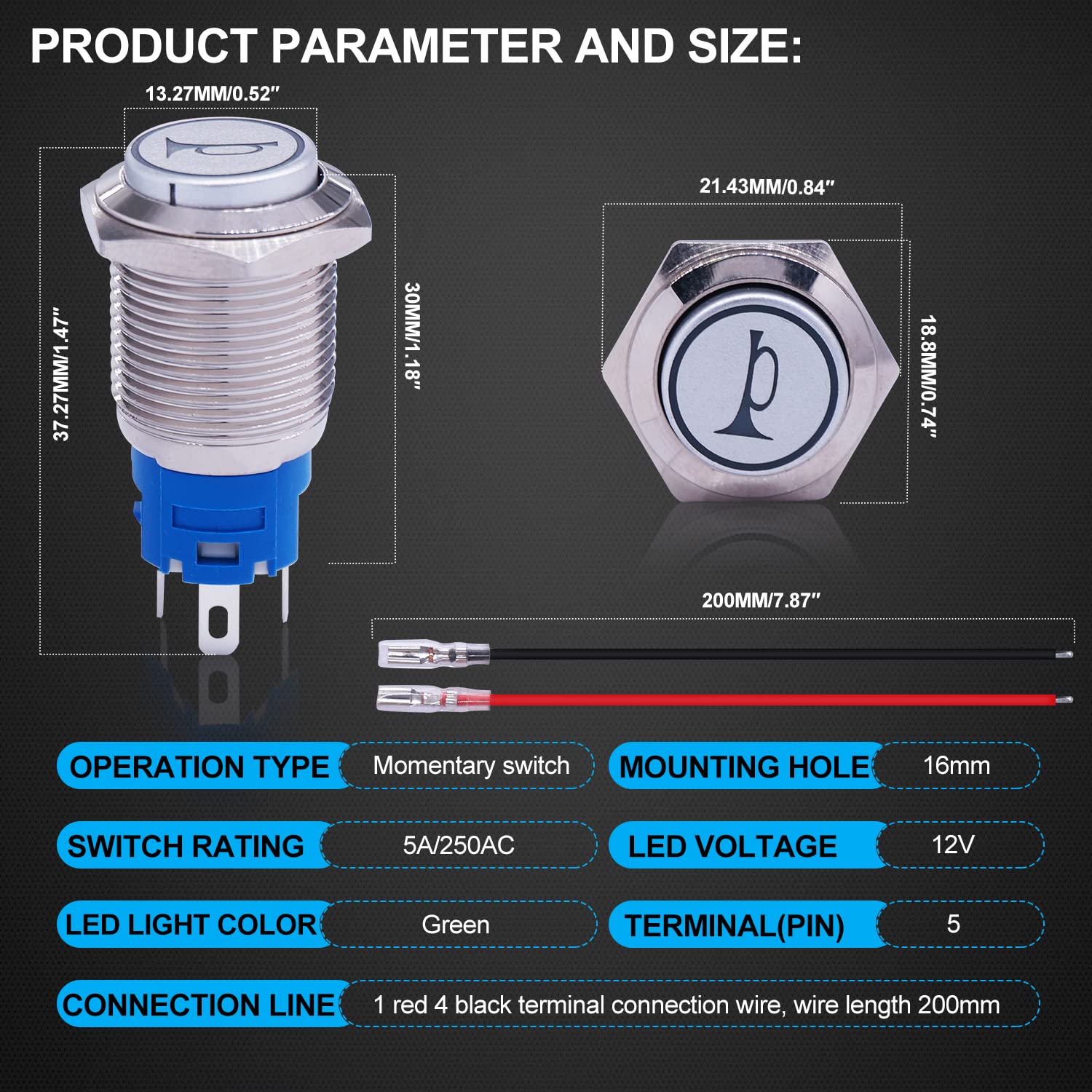 Twidec/16Mm Raised Speaker Horn Momentary Push Button Switch 5/8'' Mounting Hole 12V Blue Led Light Silver Stainless Steel Shell