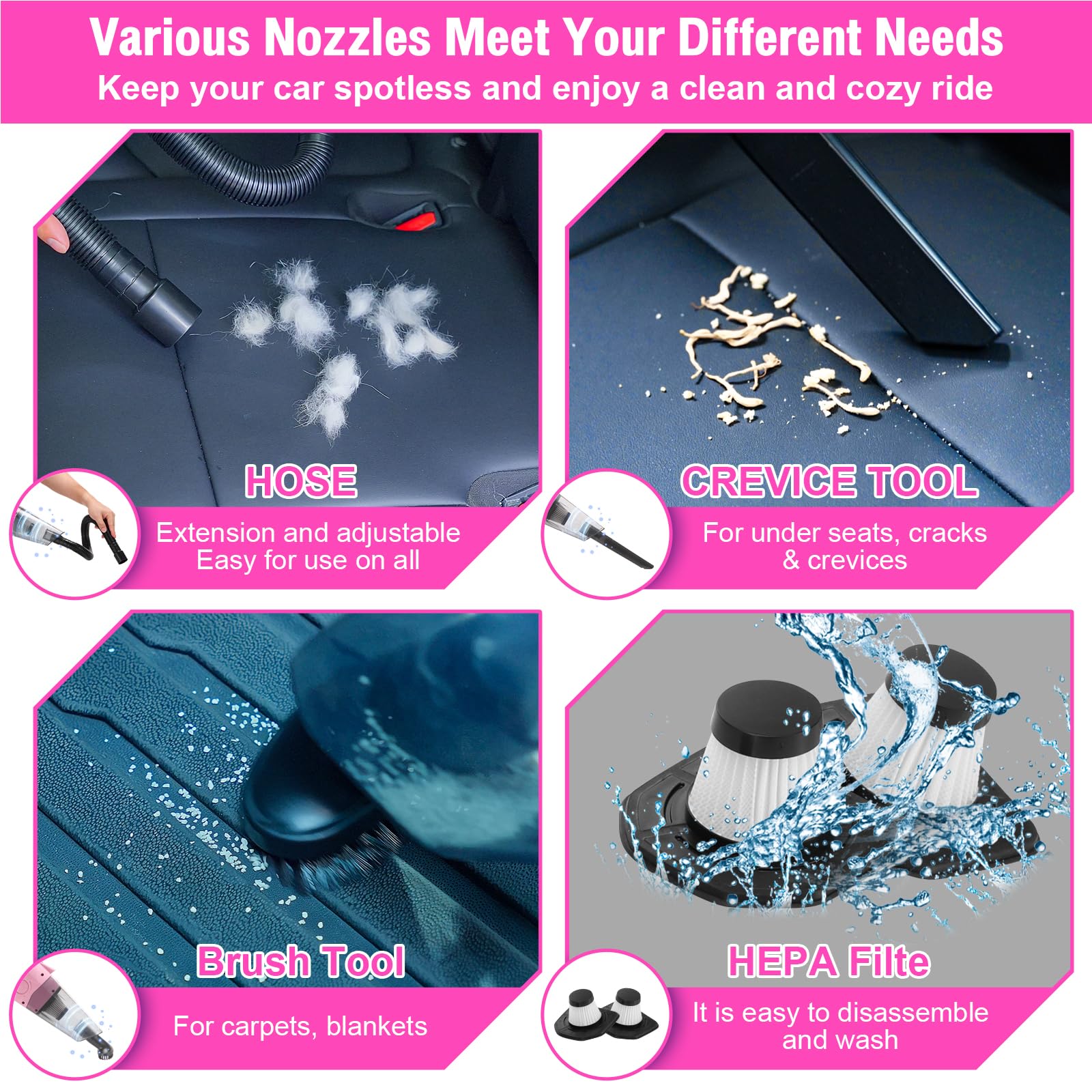 Vioview Roadside Emergency Car Safety Kit, With 4-In-1 Inflatable Car Vacuum Cleaner, Pink Jumper Cables, First Aid Kit, Tow Rop