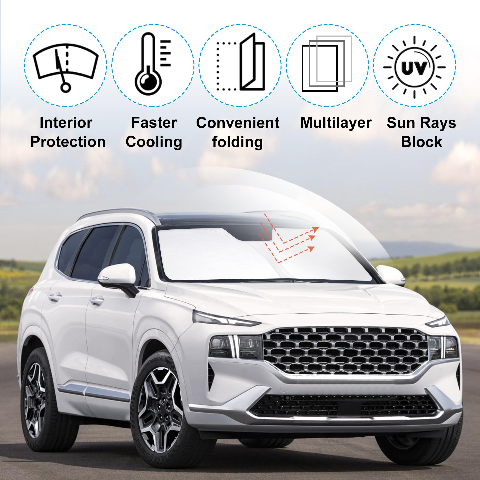 Yycke Windshield Sun Shade Accessories Compatible With 2023 2022 2021 2020 2019 Santa Fe, Se, Sel, Sel Plus For Hyundai Foldable