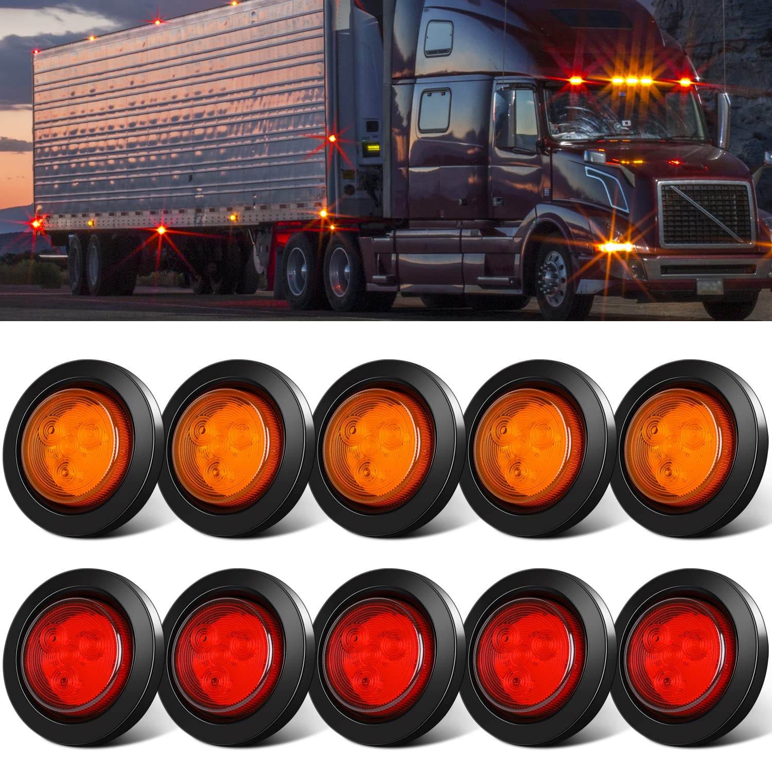 10 Pack (5 Amber + 5 Red) 2'' Round Led Side Marker Light, Super Bright 12-24V Grommet Flush Mount 4 Led Clearance Marker Lights