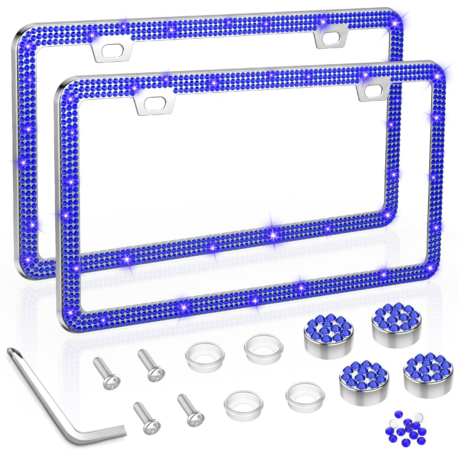 Share&Care Bling License Plate Frame, Crystal License Plate Cover, Car License Plate Holder With Rhinestone Crystal Diamond Screw Set - 2 Pack (Sapphire)