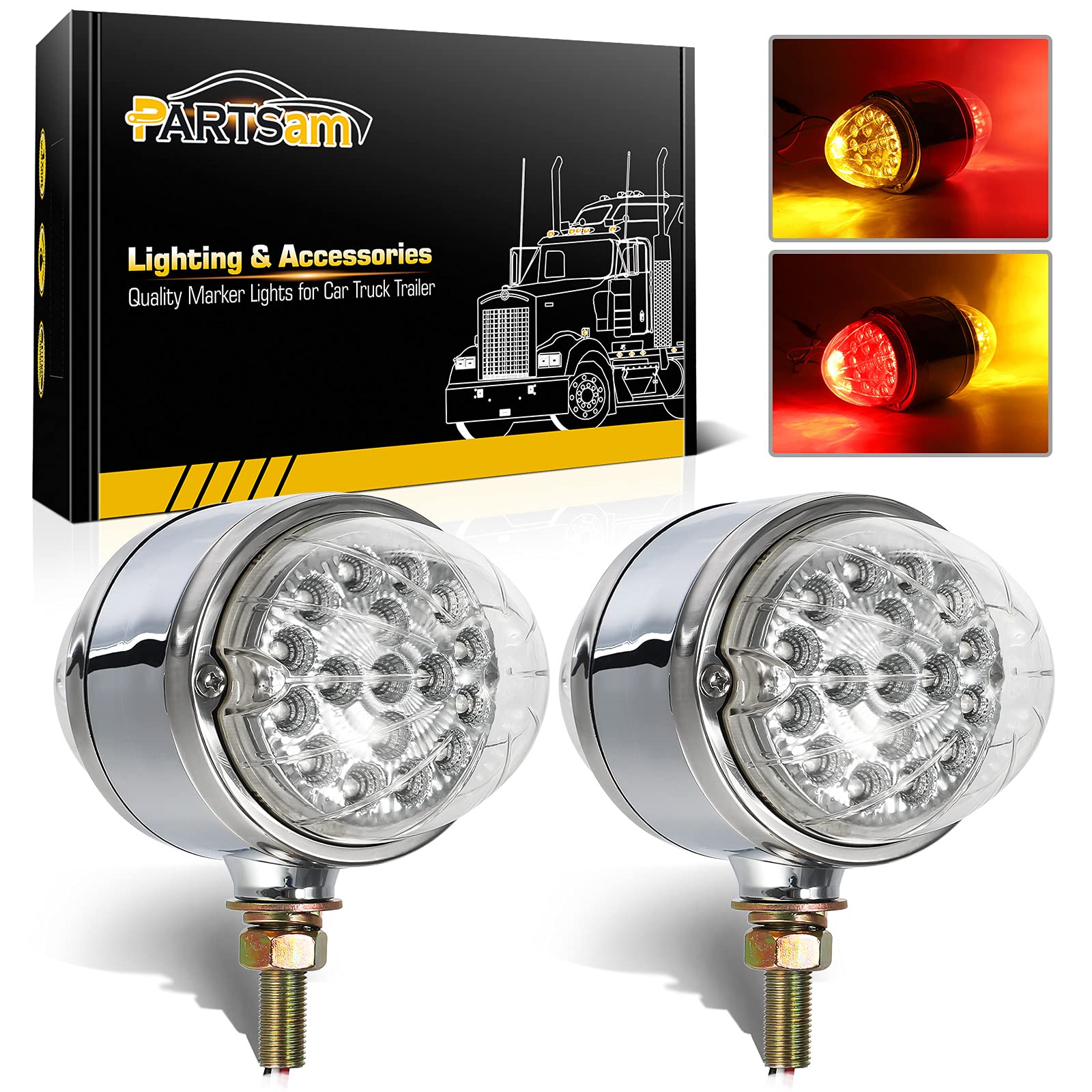 Partsam 2Pcs Amber/Red 17 Led Dual Revolution Watermelon Lights [Dot Approved], Plastic Chrome Double Face Auxiliary Lights, Ped