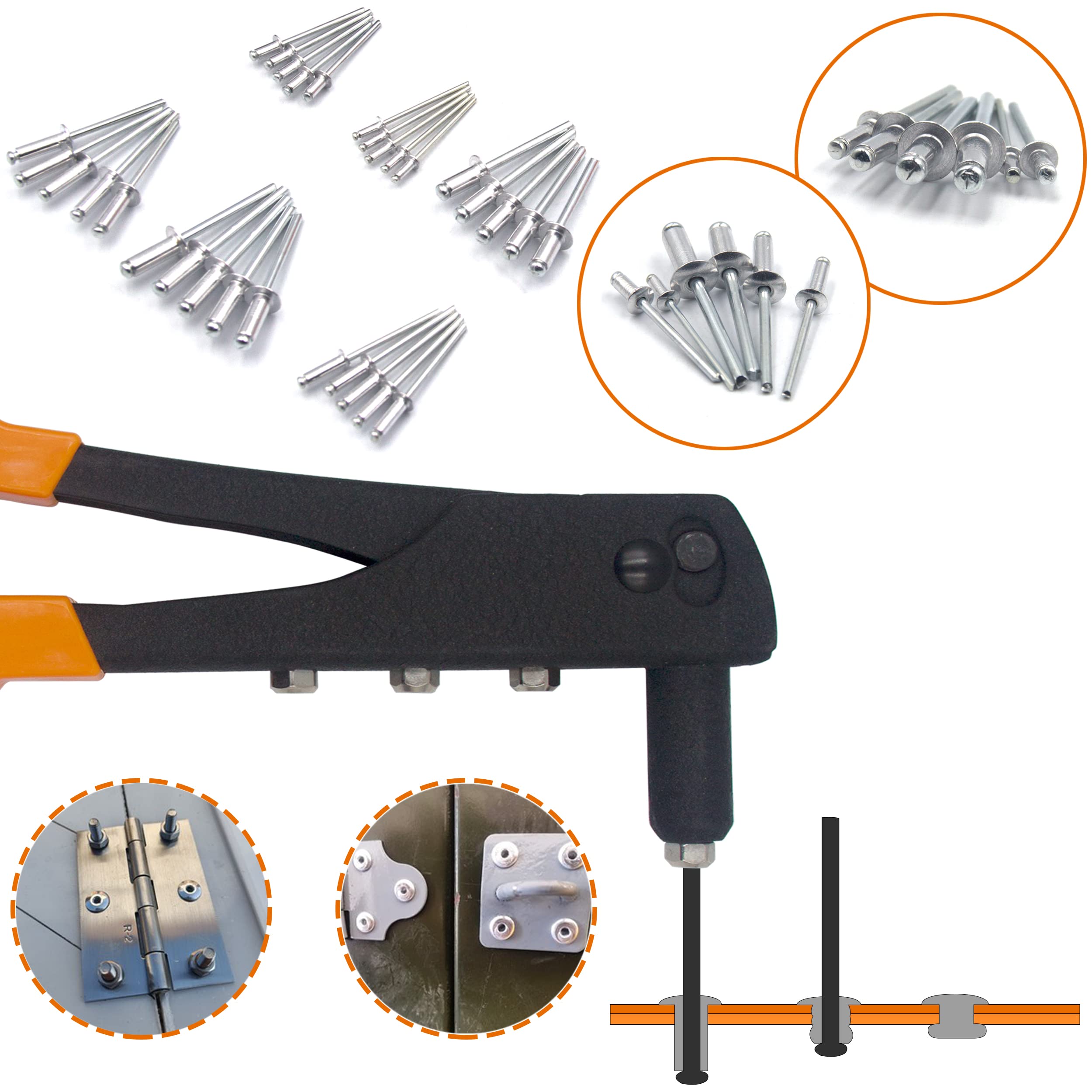 Ispinner 225Pcs Aluminum Blind Rivets Assortment Kit With Heavy Duty Hand Riveter Rivet Gun Tool, 6 Sizes Pop Rivets
