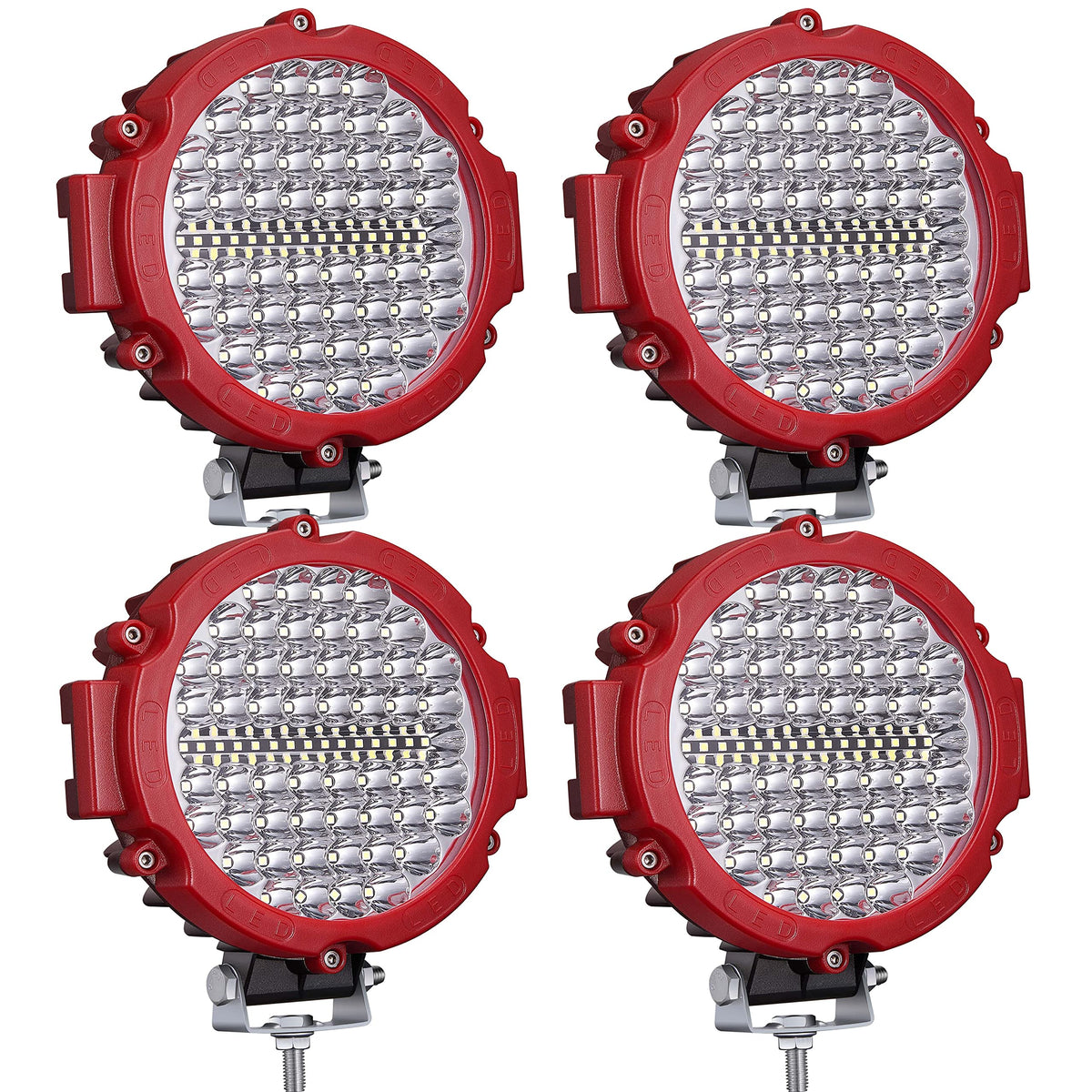 Lightboss Led Pods 10-60V Round Driving Offroad Lights 210W 21000Lm For Trucks Trailers Working Driving, Pack Of 4, White Beam Red Housing