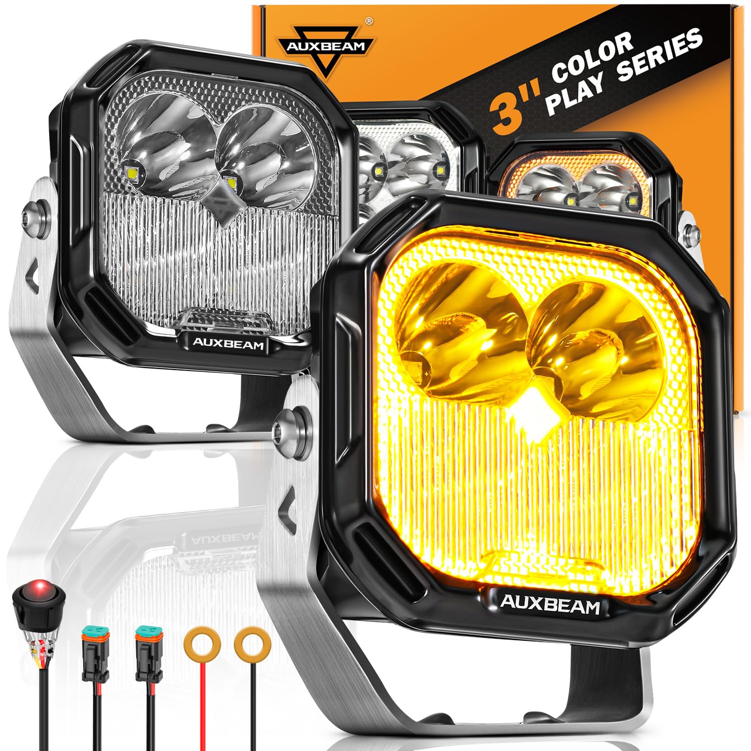 Auxbeam Color Play Series Flood Spot Combo Beam 3 Inch 100W Led Pod Lights With Amber/White Drl & Turn Signal Dual Color Lens Co