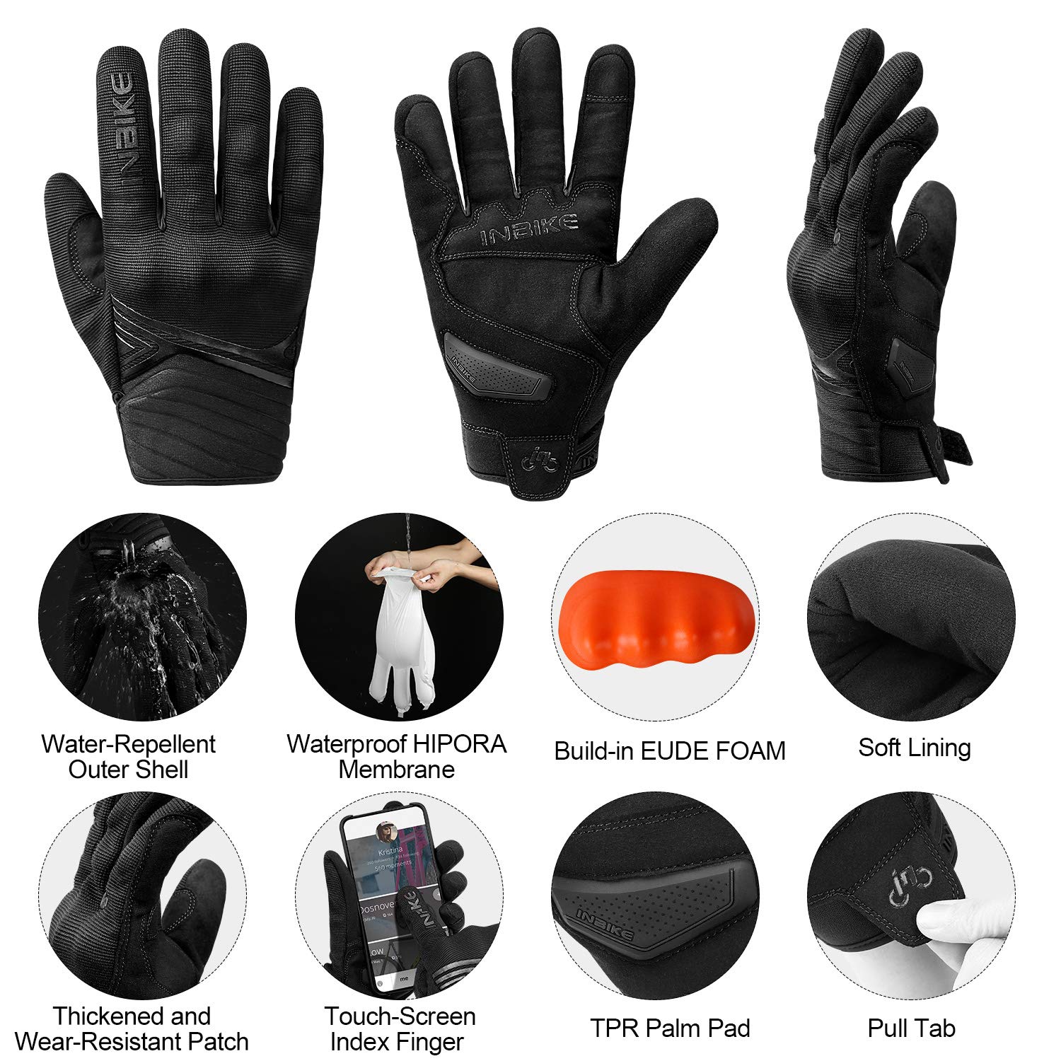 Inbike Waterproof Winter Motorcycle Gloves Thermal Fleece Touchscreen With Tpr Palm Pad Cushioning Hard Knuckle Black Small