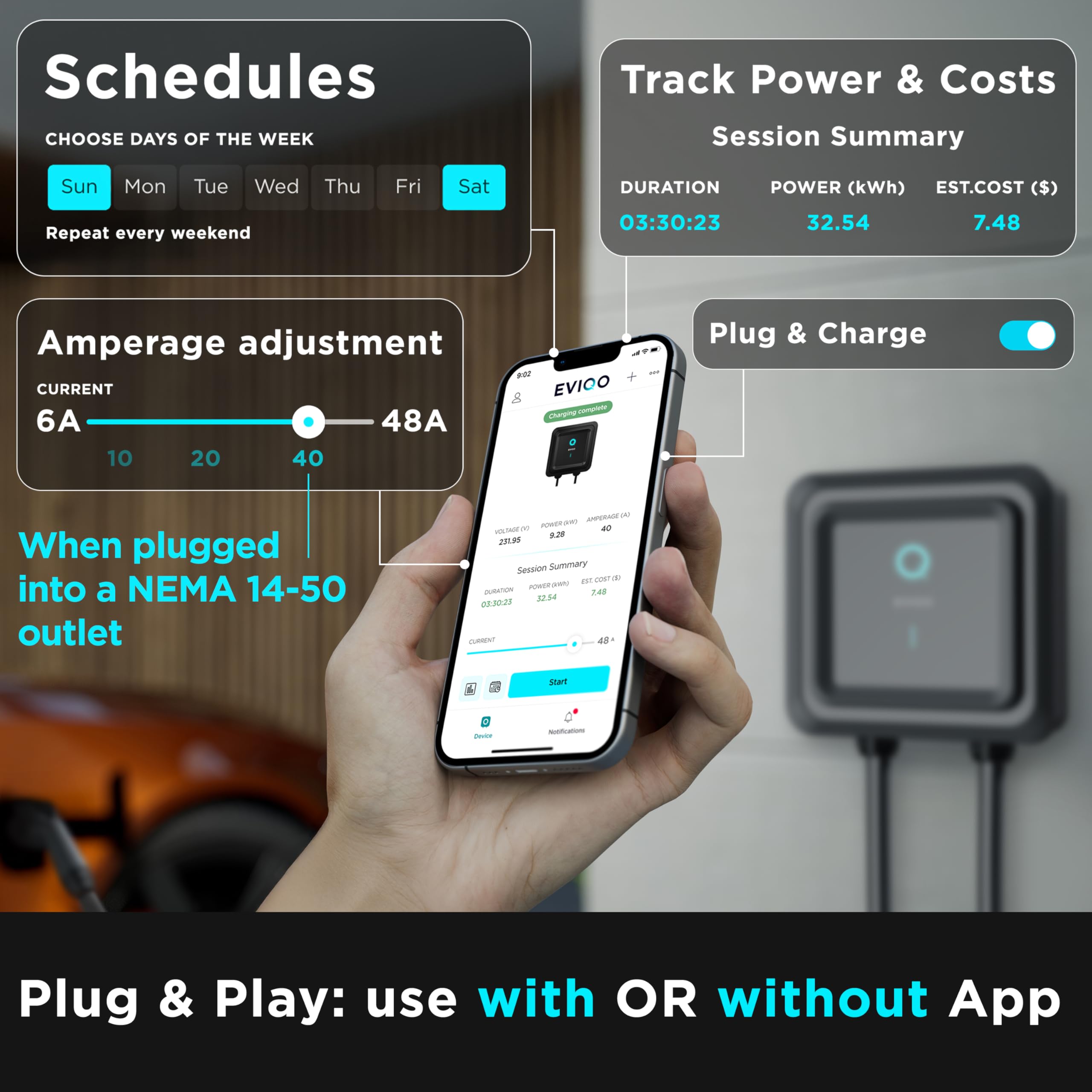 EVIQO Level 2 EV Charger - 48 Amp Electric Car Charging Station, 240V NEMA 14-50 Plug, Model EVIPOWER, Energy Star/UL Certified