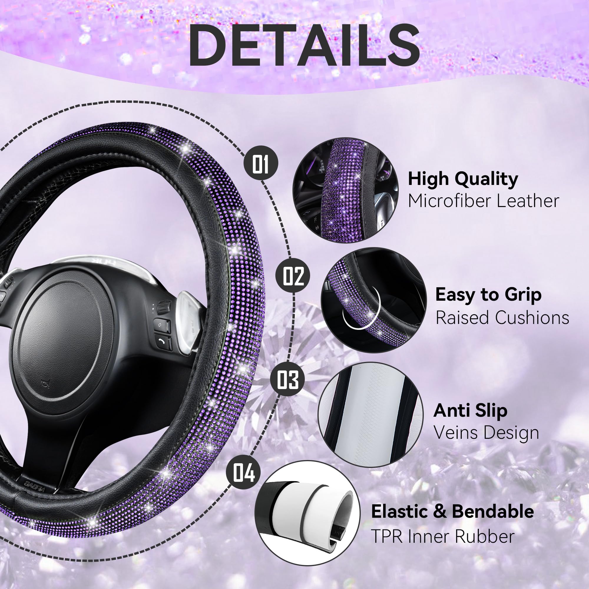 Car Pass Leather Diamond Bling Seat Covers Sets 11 Pcs, Bling Car Accessories Set For Women, Sparkly Rhinestone Steering Wheel C