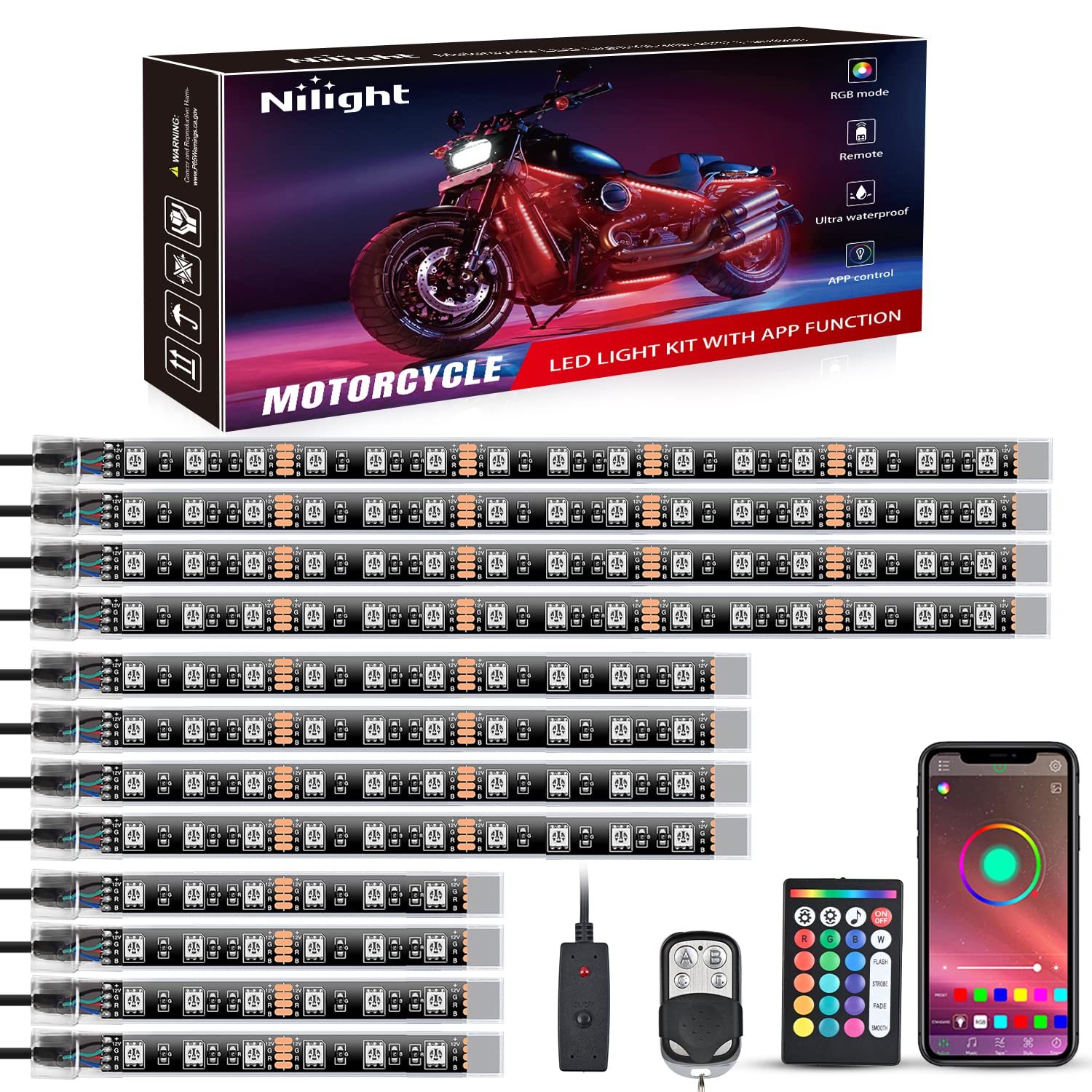 Nilight 12Pcs Motorcycle Rgb Led Light Kit Waterproof Multi Color Atmosphere Neon Accent App And Remote Control Underbody Strips