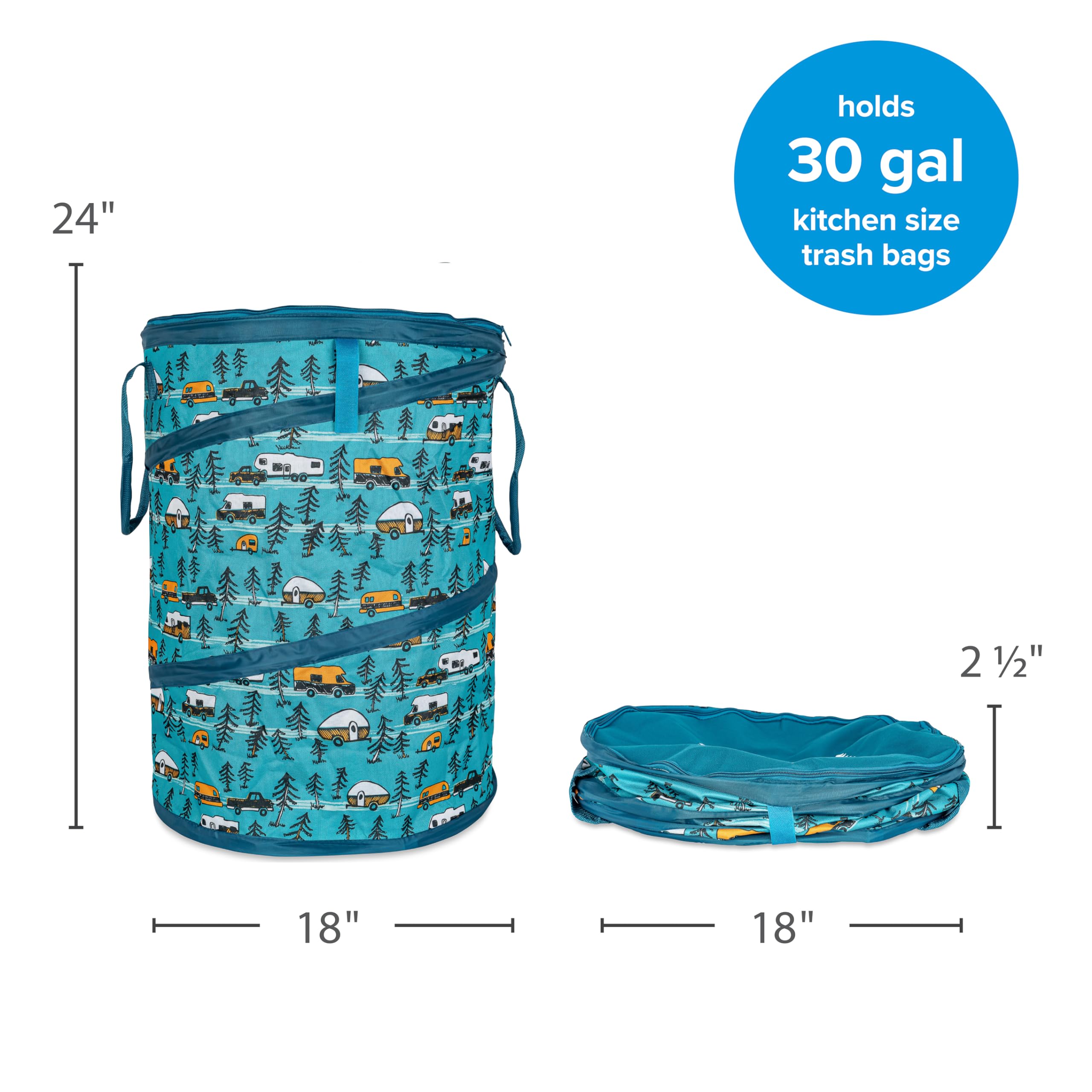 Camco Life is Better at The Campsite Pop-Up Utility Container - 18 x 24-inch - A Compact Size for Multi-Purpose Use - Sketched RVs and Trees Pattern (42987)