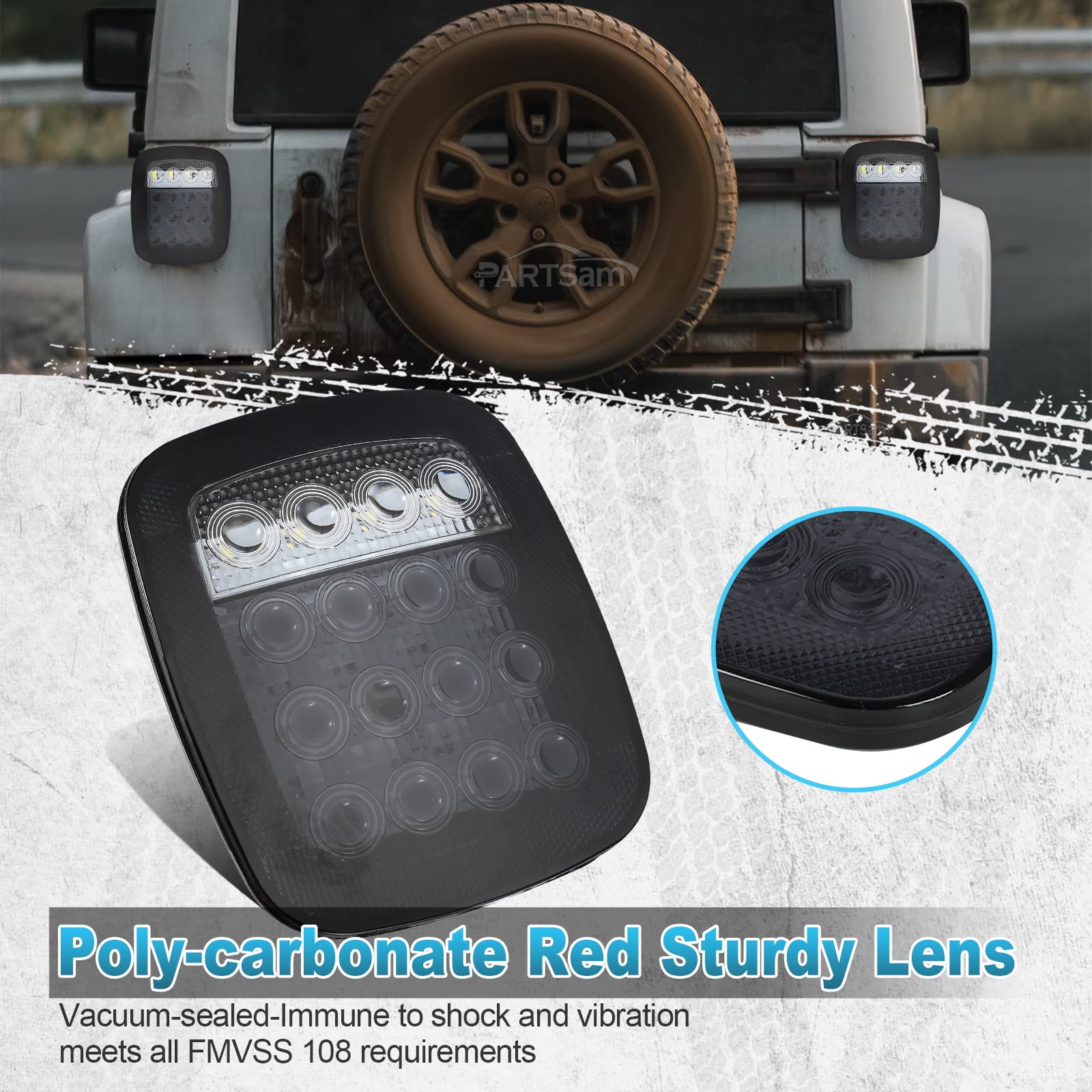 Partsam 2X Led Tail Lights 16Led Stop Brake Turn Reverse Tail Light Combination 12-5050 Red 4-5050 White Smoke Lens Compatible With Wrangler Yj Tj Cj Pick-Up Truck Trailer Rv