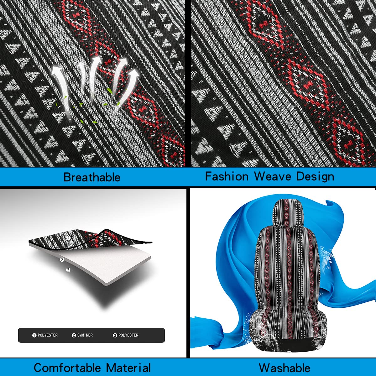 PONYJOYUP Baja Saddle Blanket Car Seat Covers 4PCS Front, Breathable Washable Striped Woven Automotive Vehicle Seat Cover, Unive