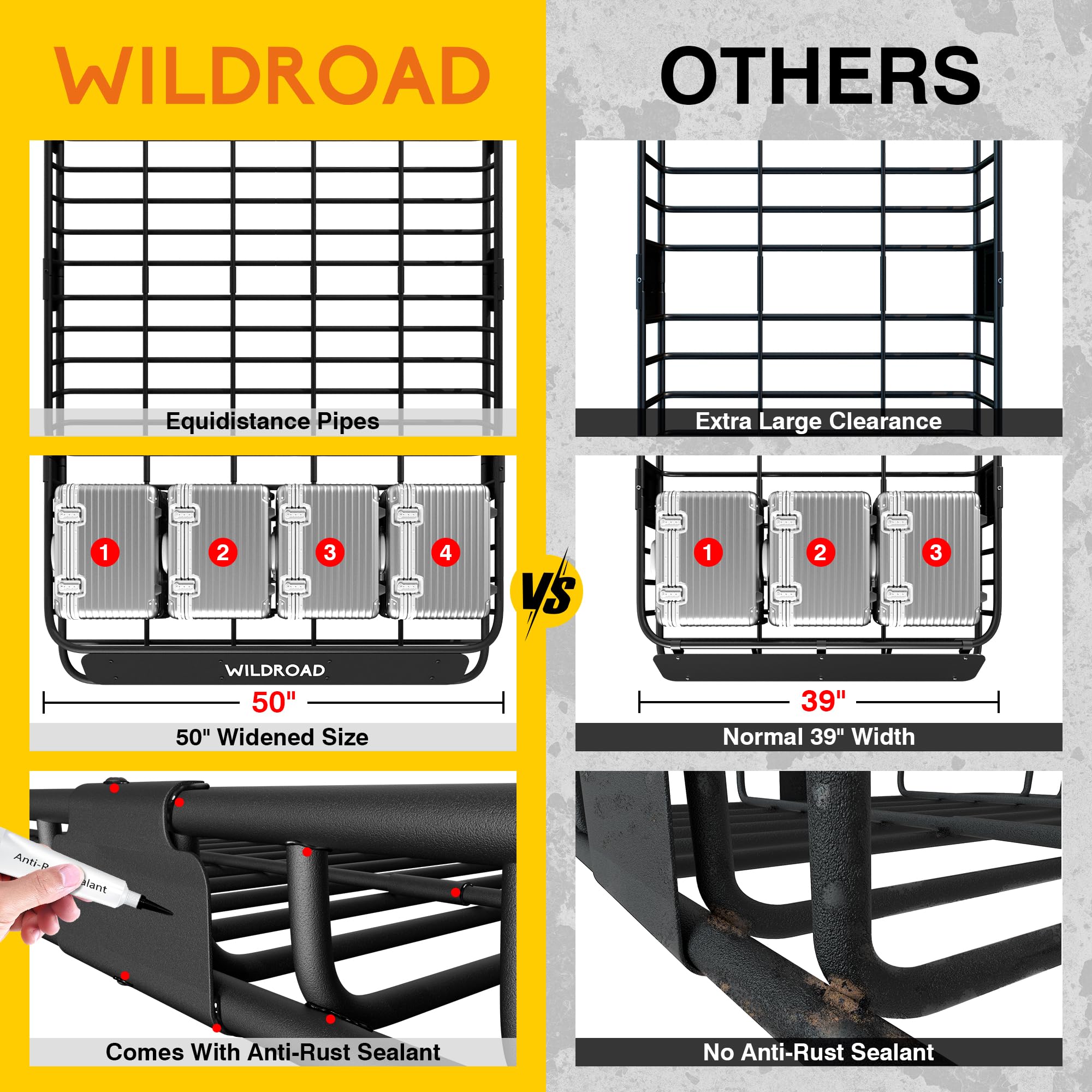 Wildroad Roof Rack Cargo Basket, Upgraded 4    Fence Wide Car Roof Basket Combo, 64''X 50''X 4'' Universal Roof Cargo Carrier Ba