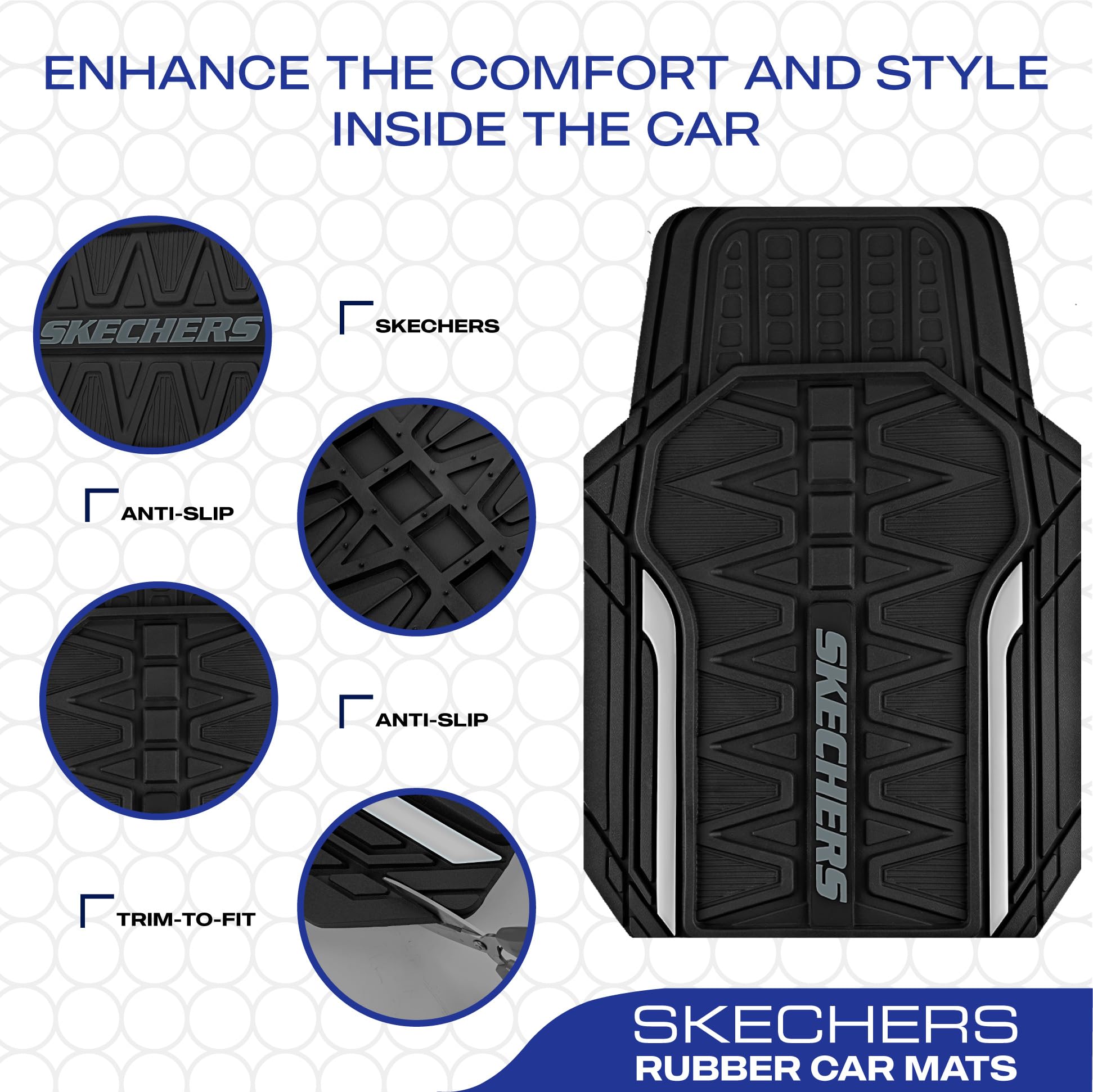 Skechers Heavy Duty Rubber Car Mats Full Set, All Weather Floor Mats, Waterproof Trim to Fit Universal Floor Liner, Automotive F