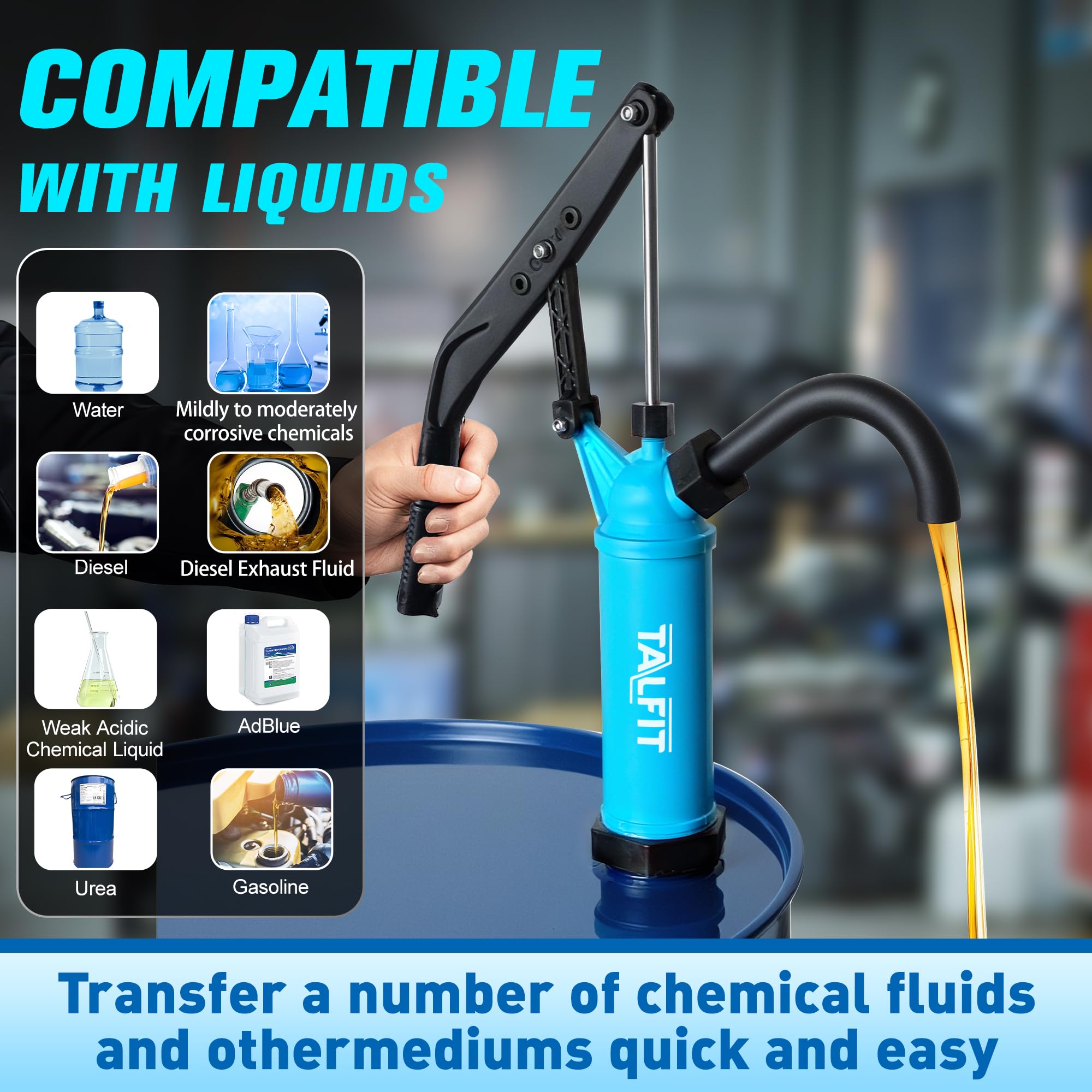 TALFIT Lever Action Barrel Pump,55 Gallon Drum Pump, For Fuels, Chemicals, Corrosive Liquids, Water Based Fluids, Fits 5 to 55 G