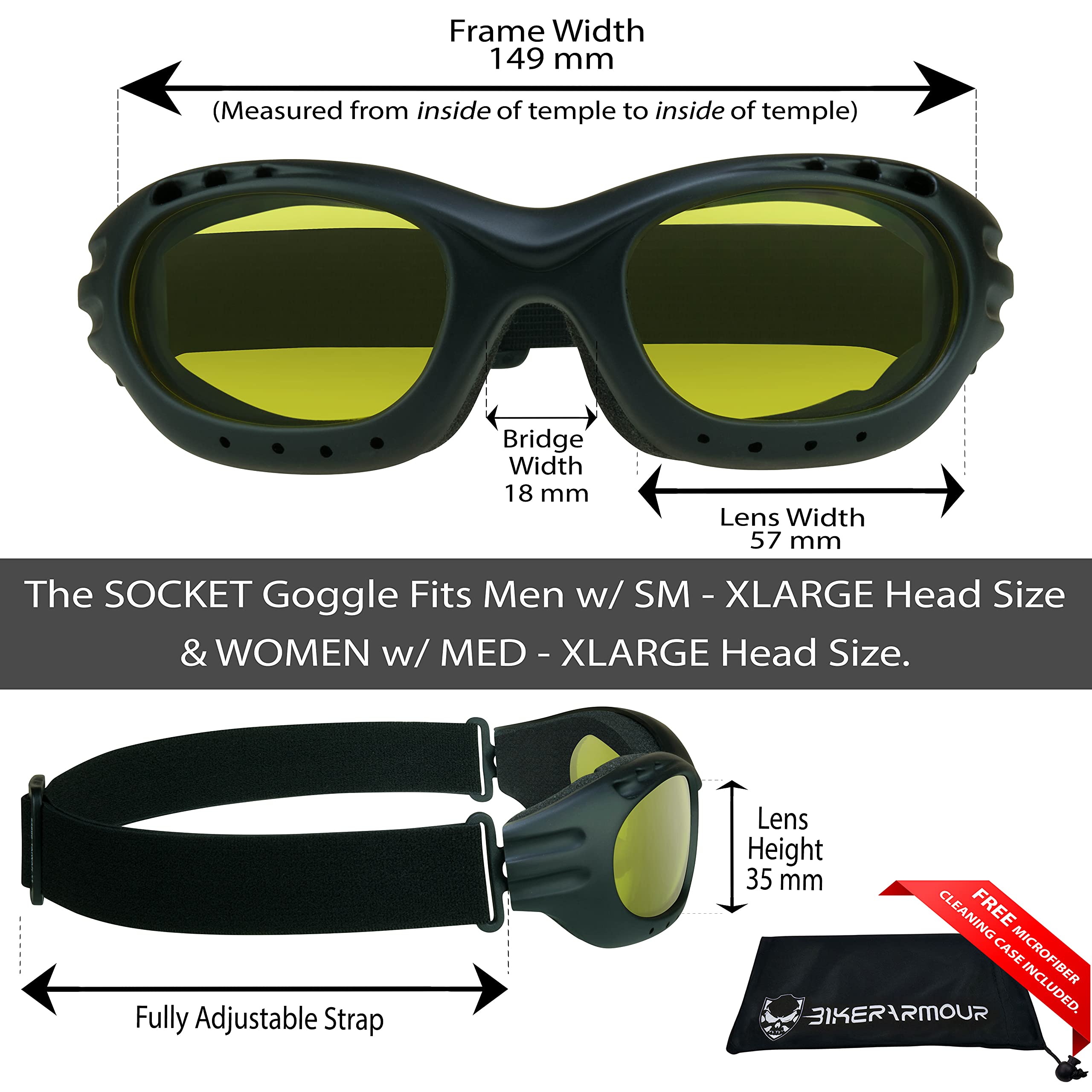 Bikershades Motorcycle Riding Goggles Glasses Biker Yellow Night Foam Cushion Adjustable Strap Ski Sky Diving