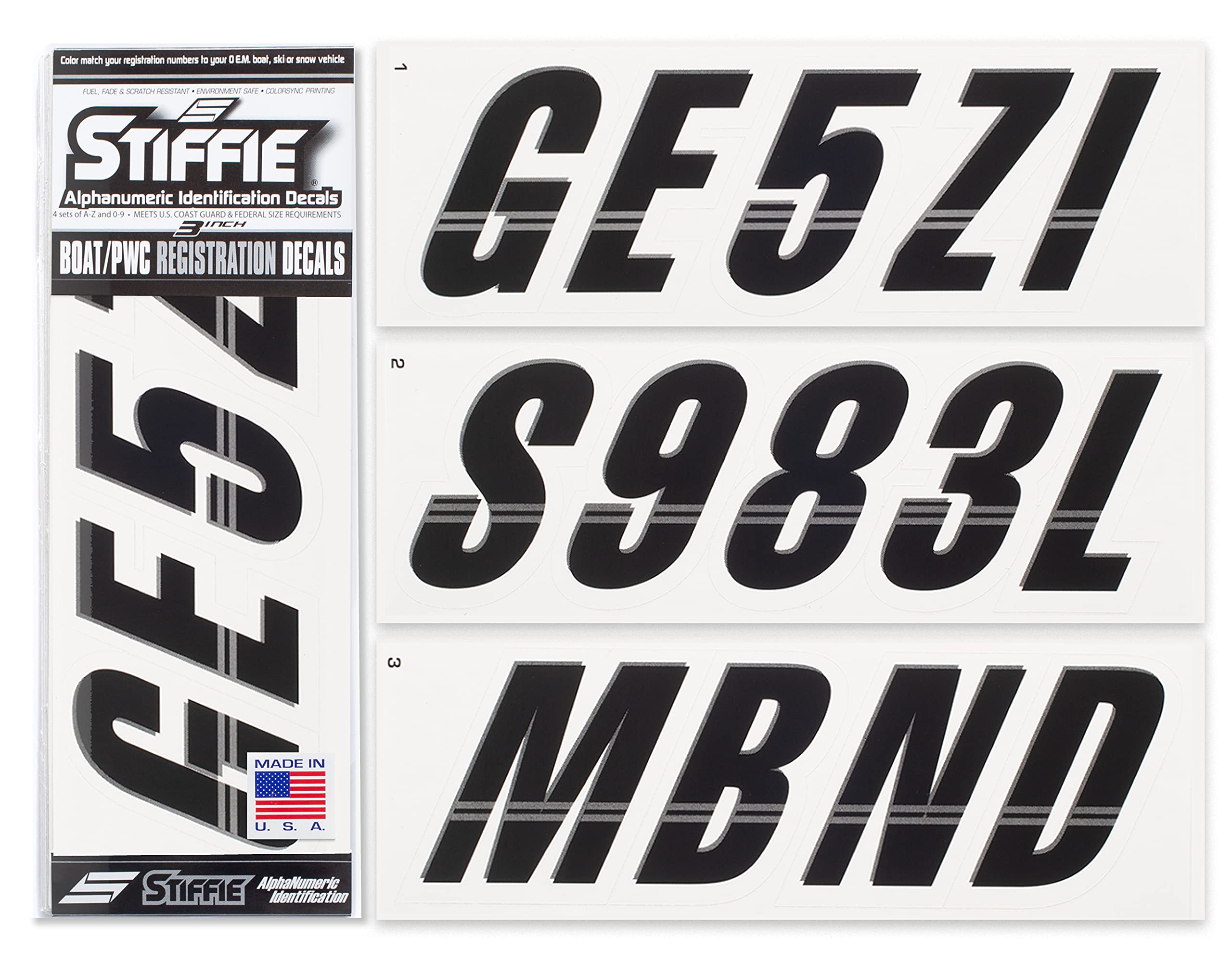Stiffie Techtron Black/White 3 '' Boat & Pwc Registration Decals  Numbers Letters Stickers