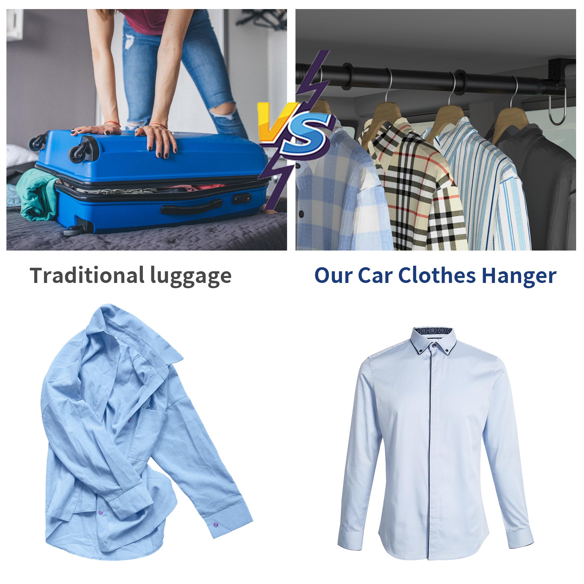 Qufiona Car Clothes Hanger Bar 30-64 Inches - Heavy Duty Wrinkle Free Clothes Rod For Car Travel - Adjustable Telescopic Clothes