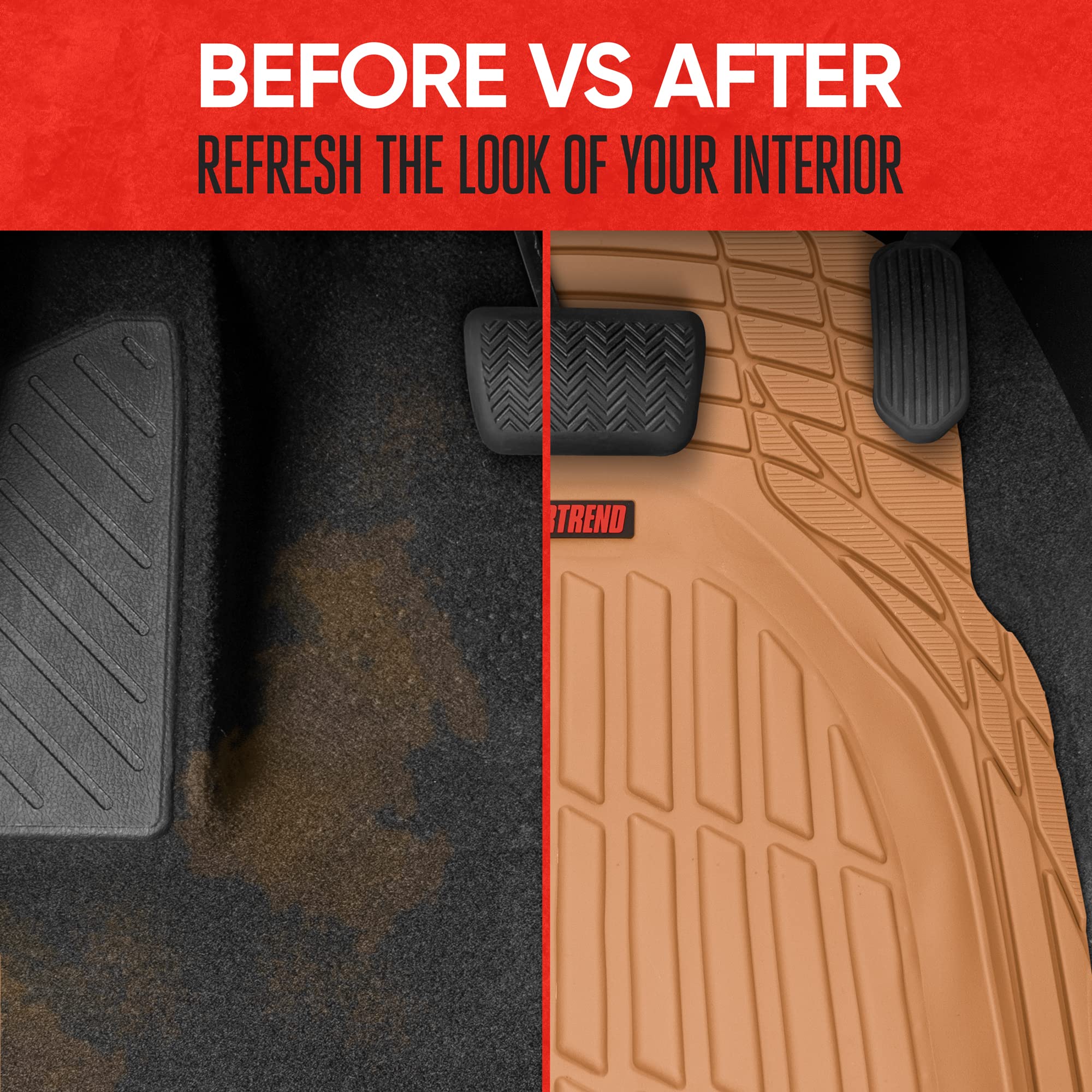 Motor Trend - MT-921-BG Flextough Tortoise - Heavy Duty Rubber Floor Mats for Car SUV Van & Truck - All Weather Protection - Deep Dish (Tan Beige)