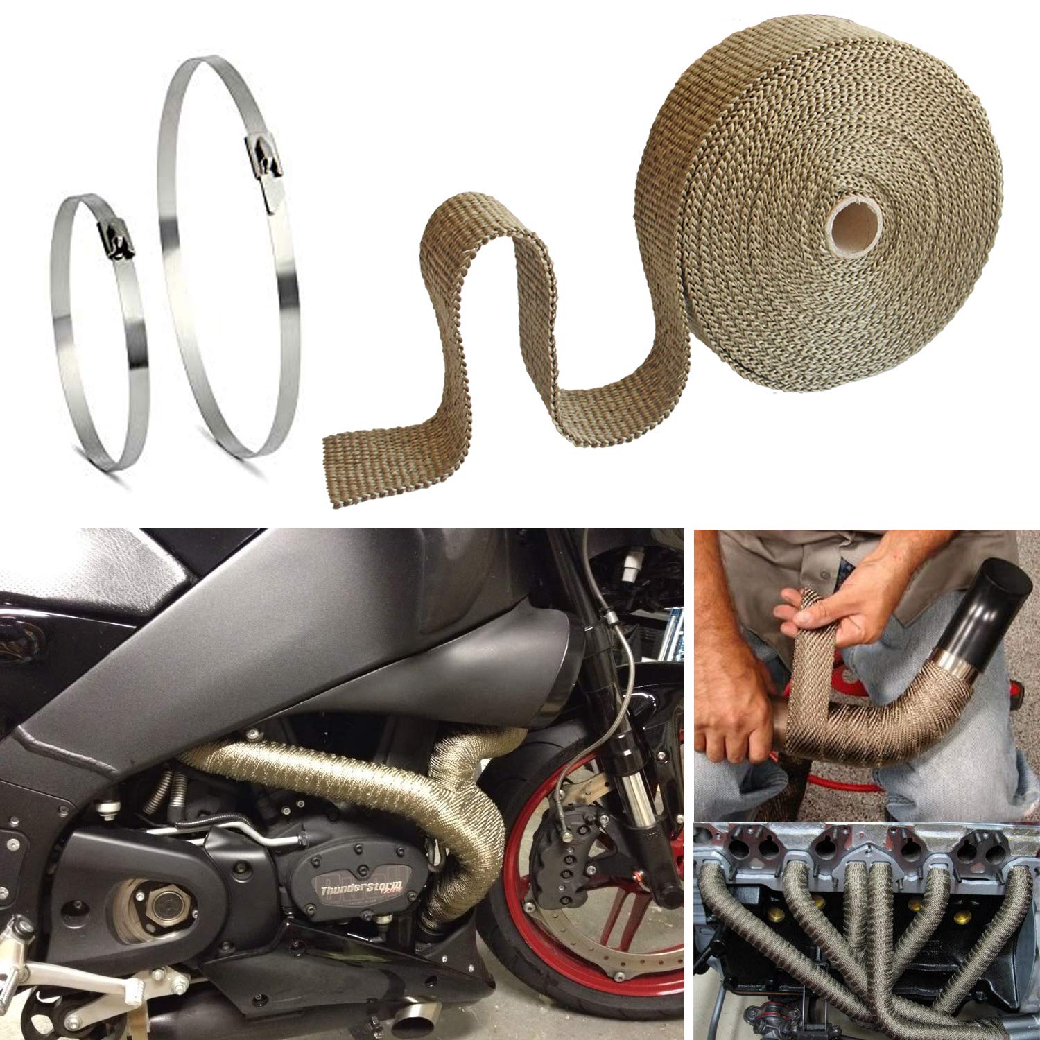 LEDAUT 2 Roll 2'' x 50' Titanium Exhaust Heat Wrap Roll for Motorcycle Fiberglass Heat Shield Tape with Stainless Ties