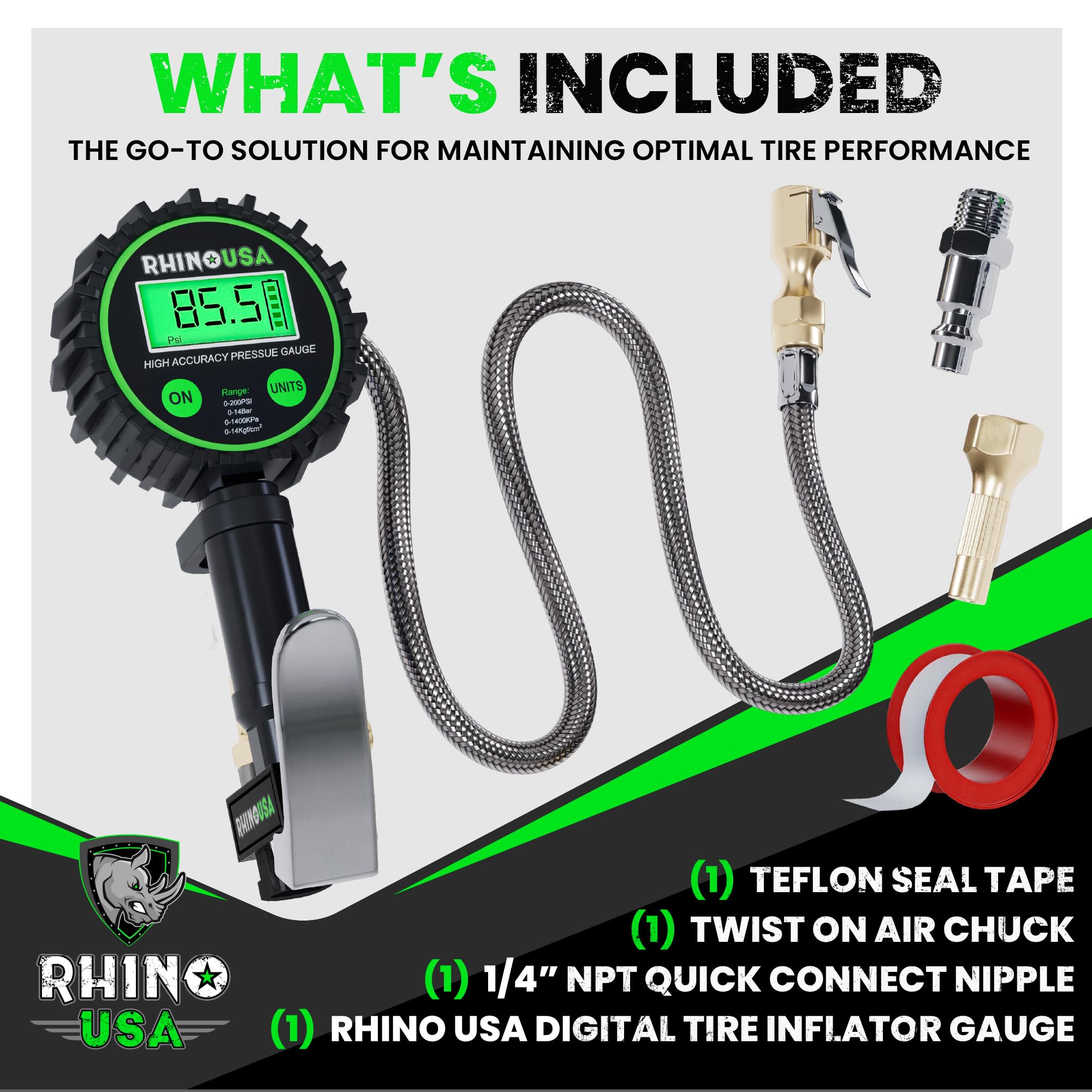Rhino USA Digital Tire Inflator with Pressure Gauge (0-200 PSI) - ANSI B40.7 Accurate, Large 2' Easy Read Glow Dial, Premium Braided Hose, Solid Brass Hardware, Best for Any Car, Truck, Motorcycle, RV