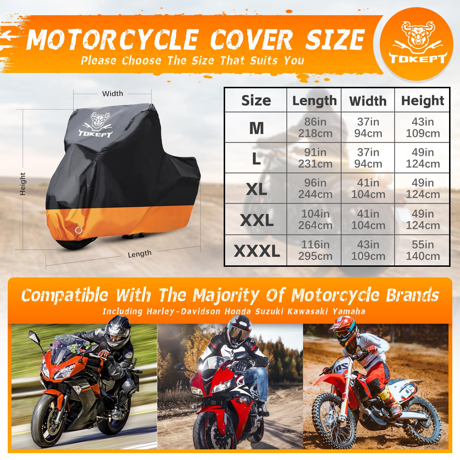 Tokept Motorcycle Cover, All-Season Waterproof Outdoor Sun Protection Fit Up To 104 Inch Harley-Davidson Honda Suzuki Kawasaki Y