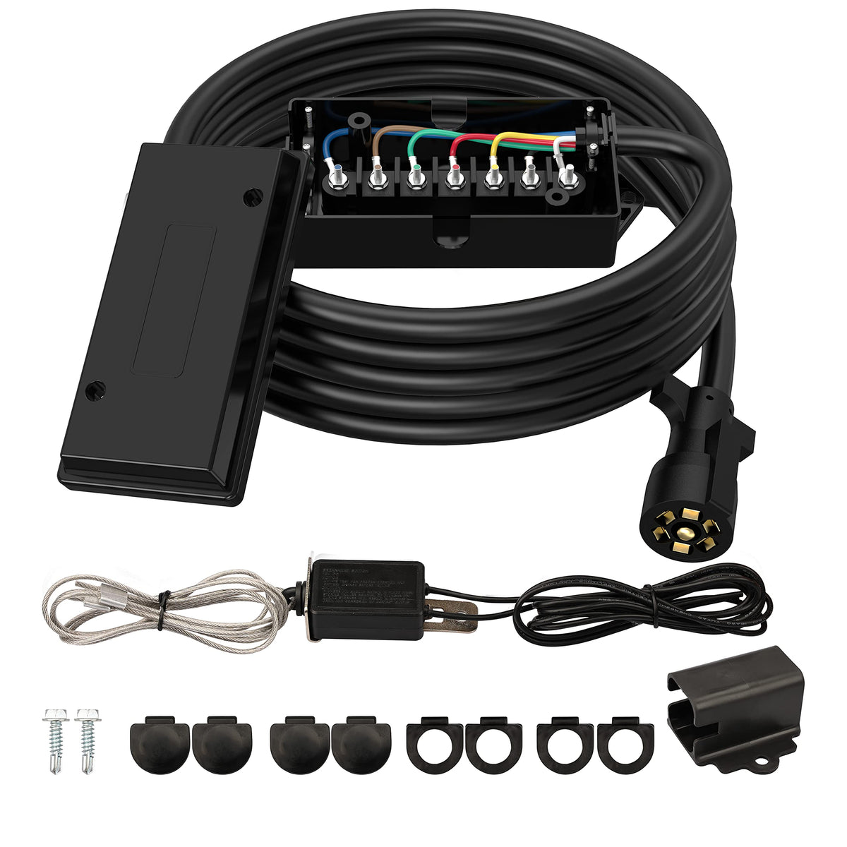 Rvguard 7 Way 16 Foot Trailer Cord With 7 Gang Junction Box Kit,Include 12V Breakaway Switch And Plug Holder, Trailer Connector 