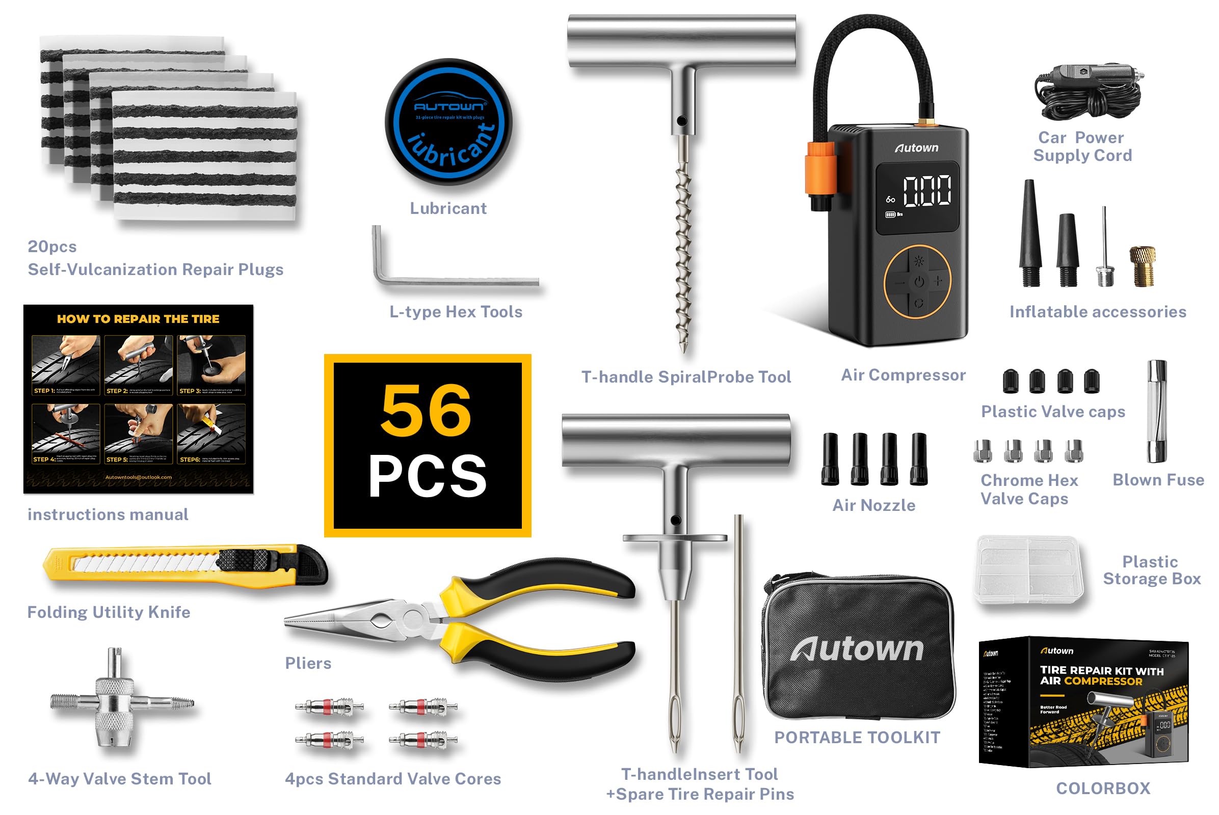 Autown Flat Tire Repair Kit With Air Compressor 54 Pieces For Car, Motorcycle, Atv, Jeep, Truck, Tractor Flat Tire Repair (54Pcs