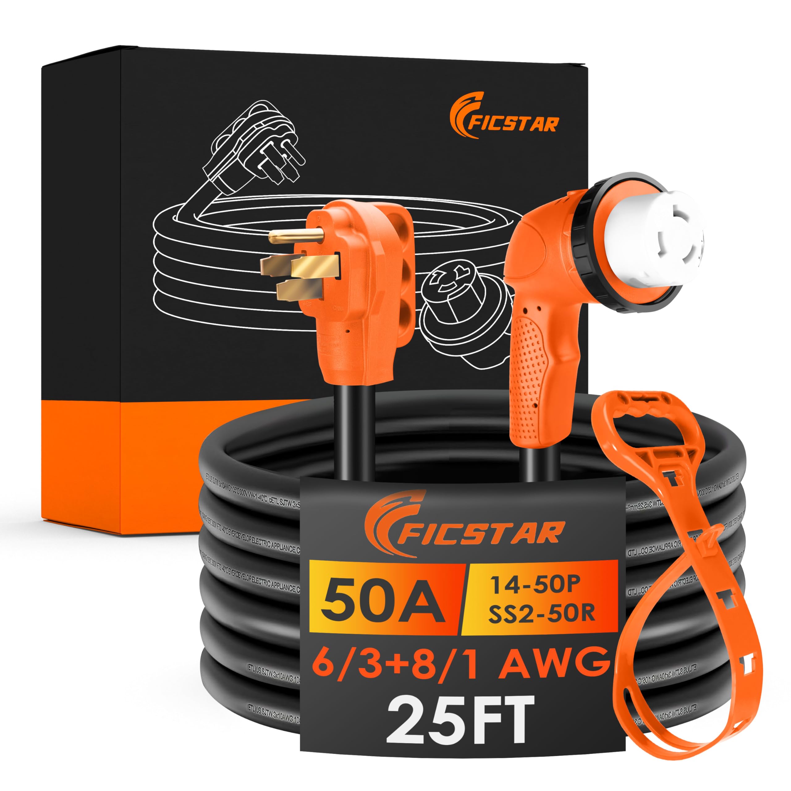 Ficstar 50 Amp RV Extension Cord 25 ft, Heavy Duty 6/3+8/1 SJTW AWG RV Power Cord with Grip Handle Twist Lock, NEMA 14-50P to SS