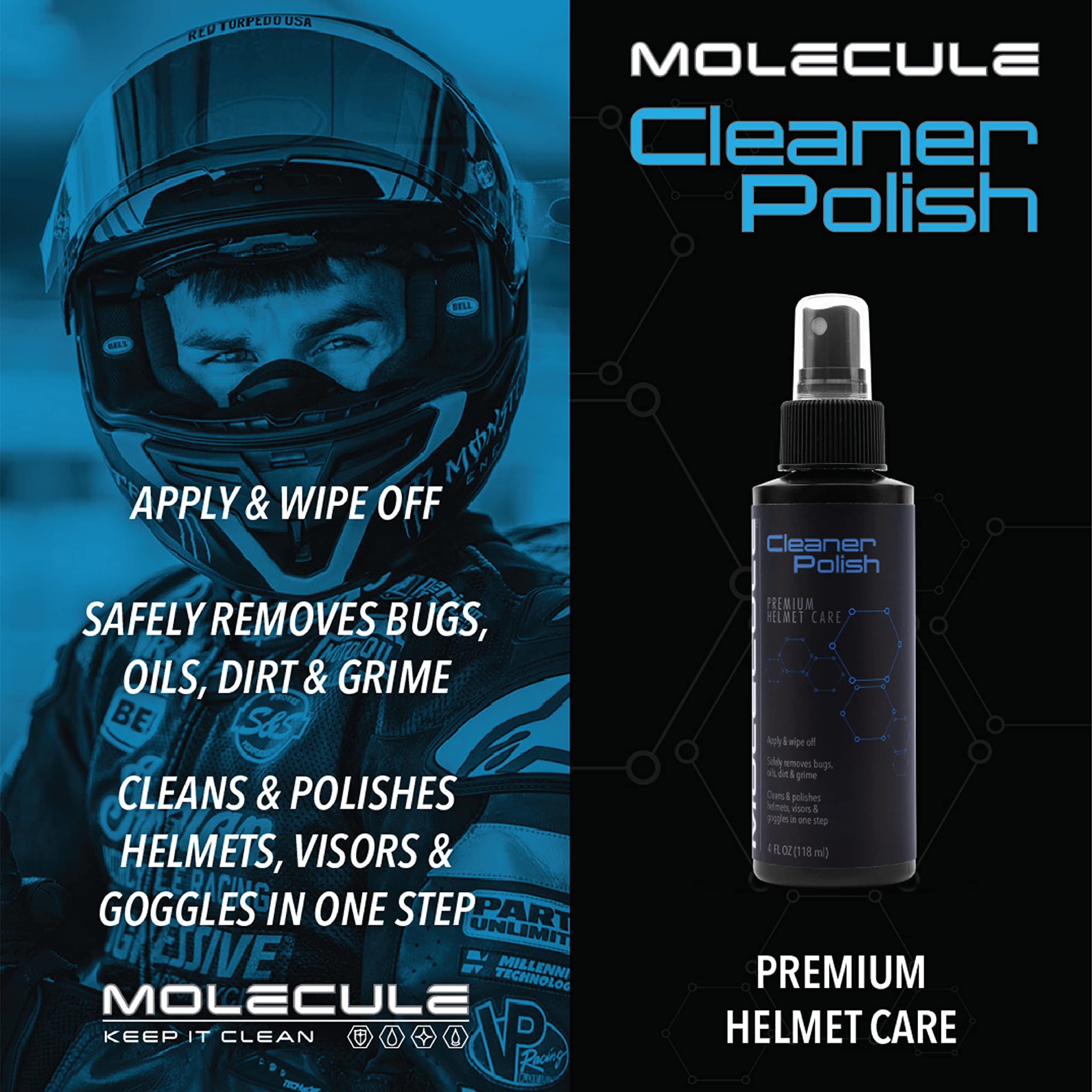 Molecule Premium Helmet Care Kit, Includes Anti-Fog, Cleaner Polish, Helmet Refresh, And Rain Repel, For Helmets, Visors, And Goggles, Cleans And Details, 4 Ounces (1 Kit)