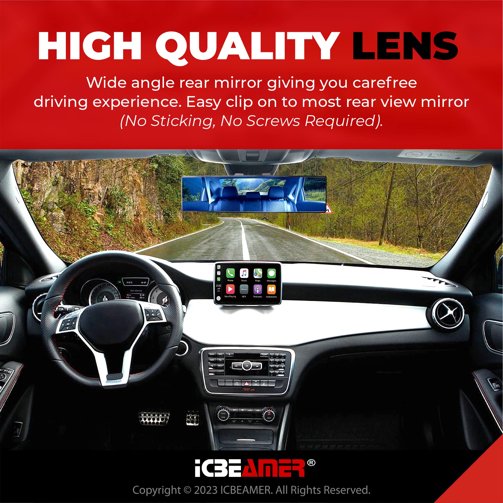 Icbeamer 9.5'' Car Rear View Mirror, Clear Blue Tint Convex Surface, 240Mm Panoramic Wide Angle Blindspot Mirror For Car,Rubber