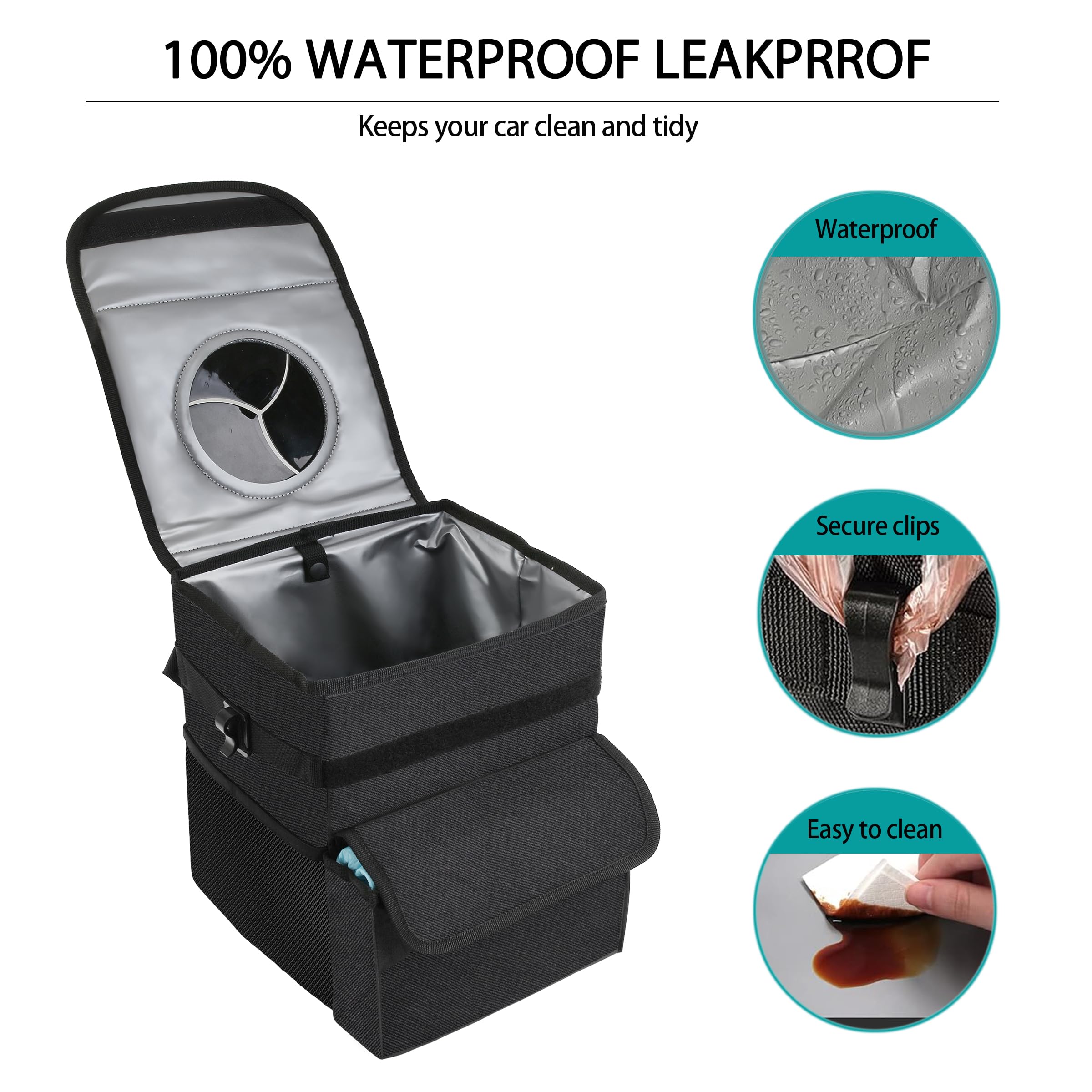 time2go Car Trash Can with Lid and Storage Pockets - 100% Leak-Proof Car Organizer, Waterproof Car Trash bin, Garbage Can