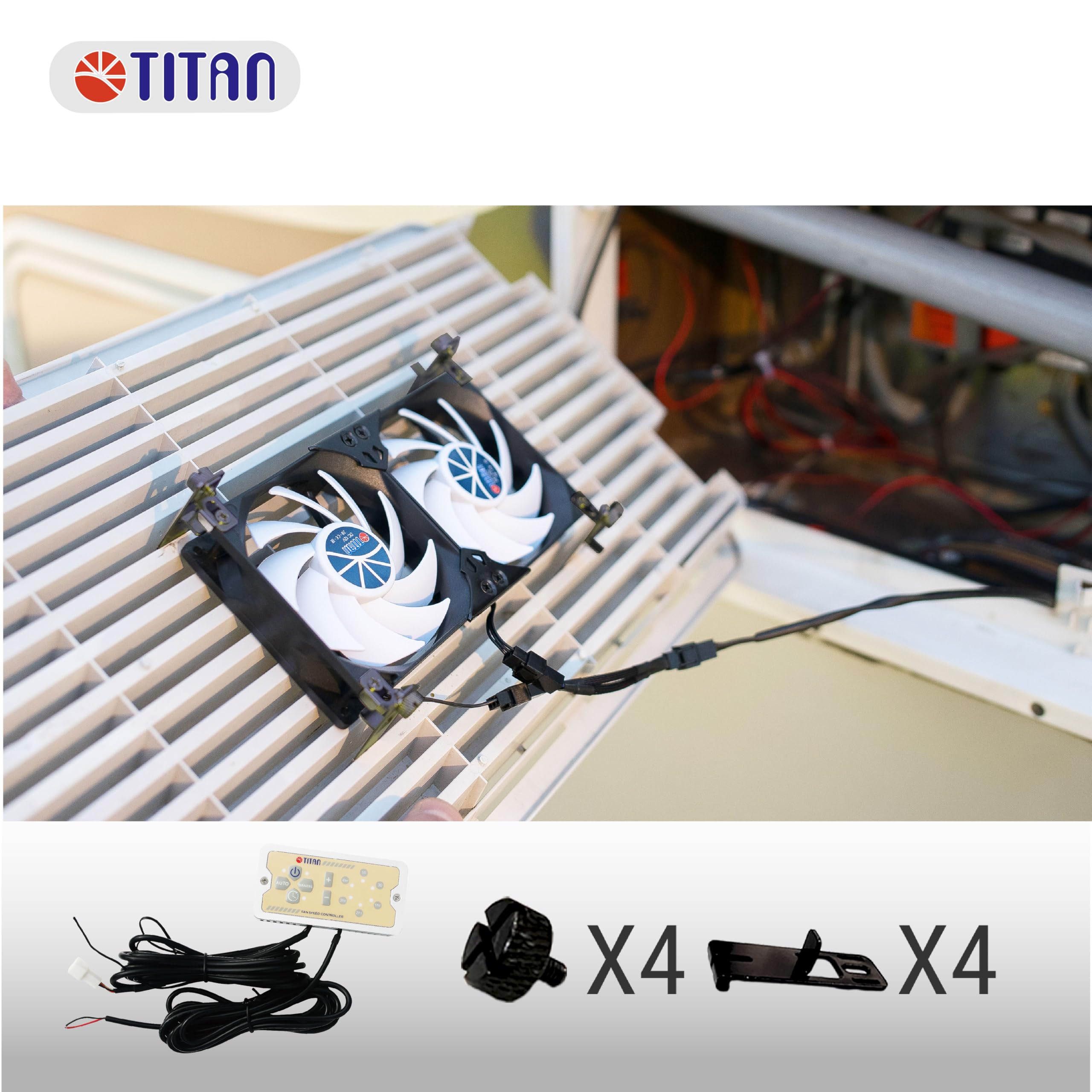 TITAN- 12V DC Double Rack Mount Ventilation Cooling Fan for Fridge Vent and Ventilation Grille with Speed Controller (120mm(V2+)