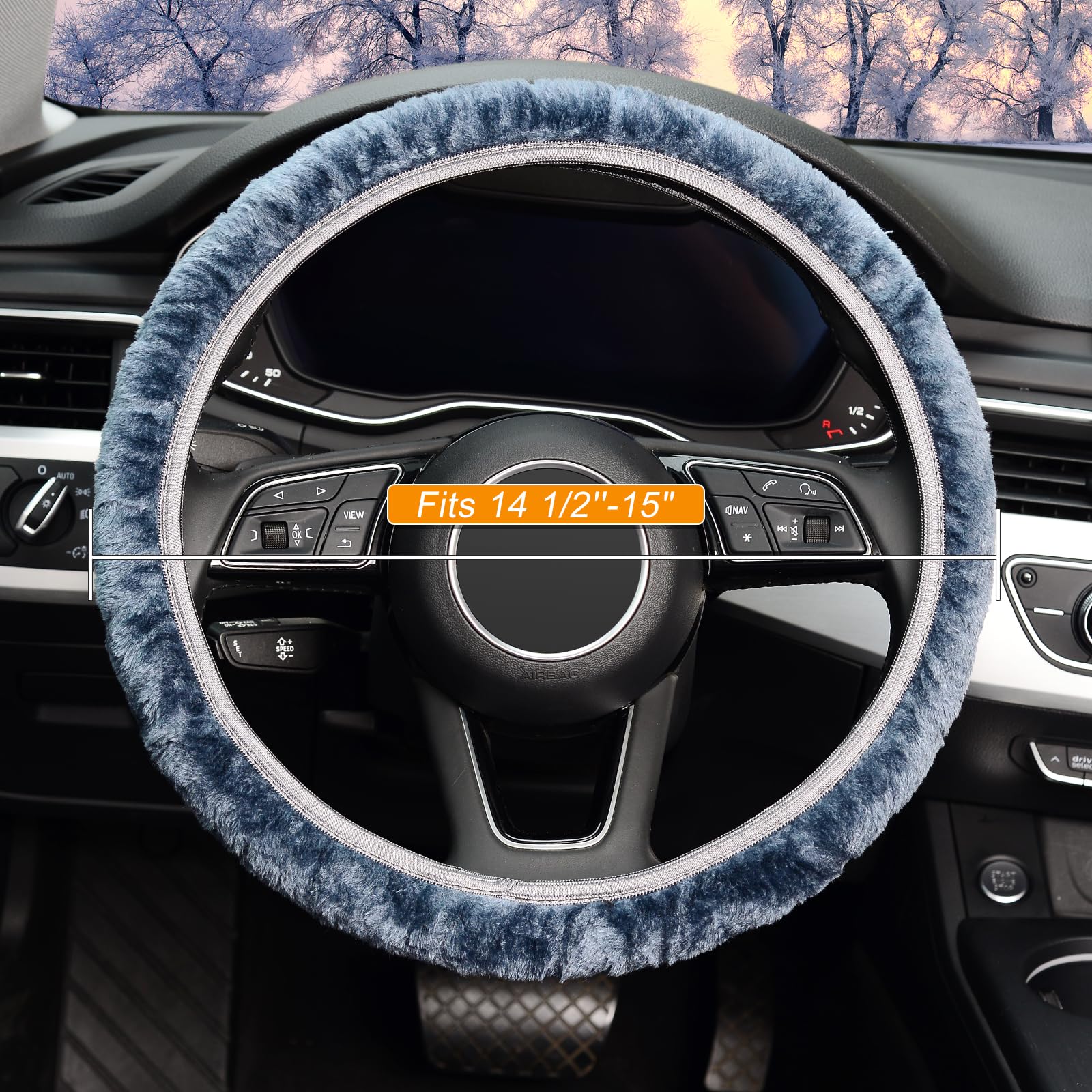 KAFEEK Elastic Long Microfiber Plush Steering Wheel Cover for Winter Warm, Universal 15 inch, Anti-Slip, Odorless, Gray