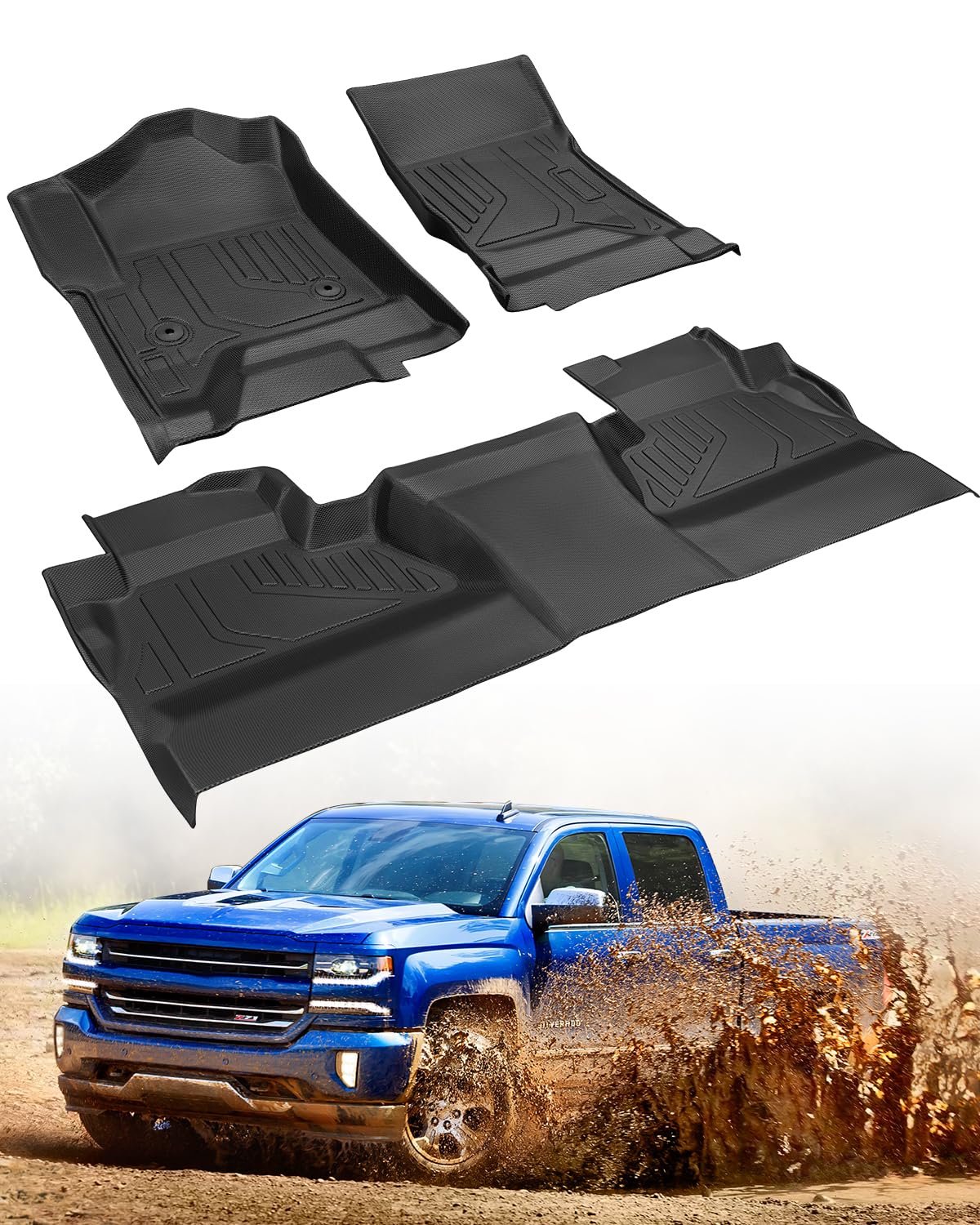 3 PCS CreekT All Weather Floor Mats for Chevy Silverado Crew Cab & for GMC Sierra 1500 2014-2018; 2500/3500 HD 2015-2019 Crew Ca