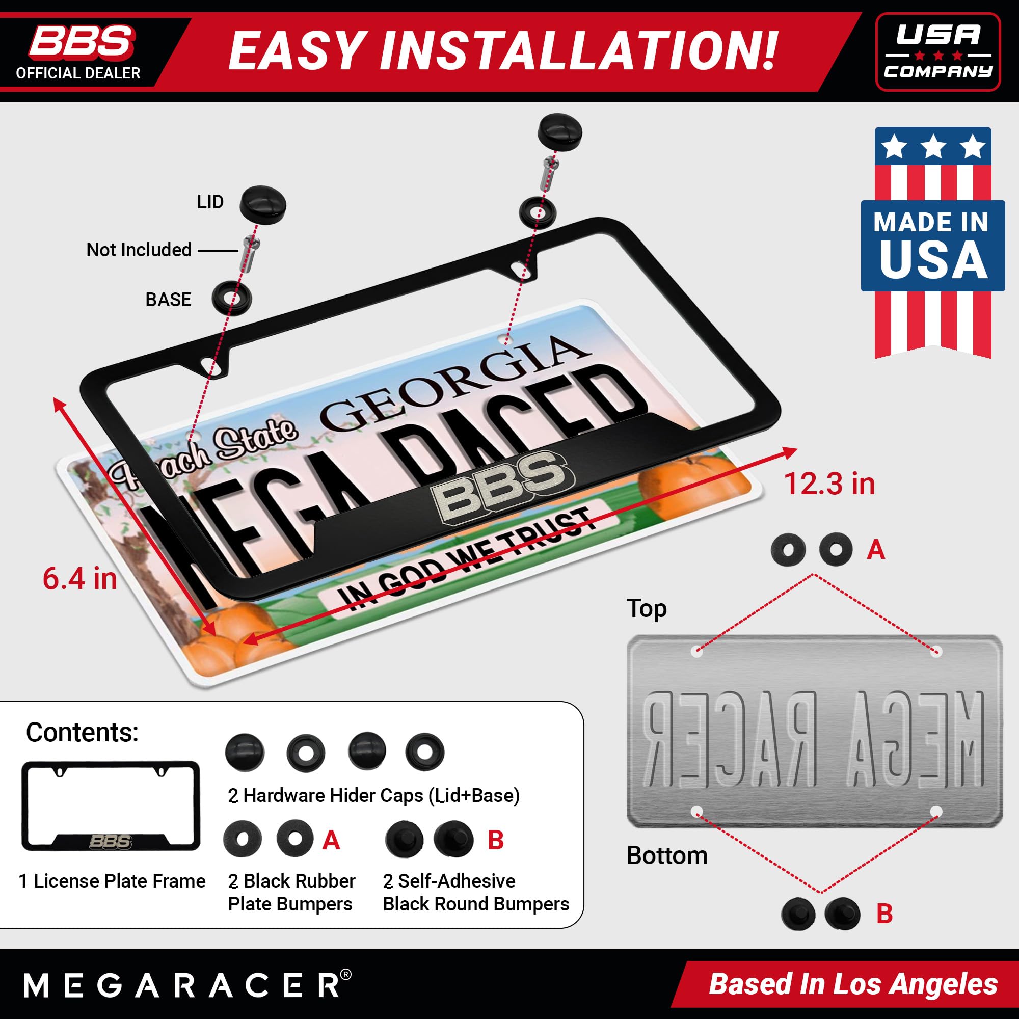 Mega Racer BBS License Plate Frame - Black Stainless Steel, 1Pc, Fits Car, Truck, SUV, Made in USA