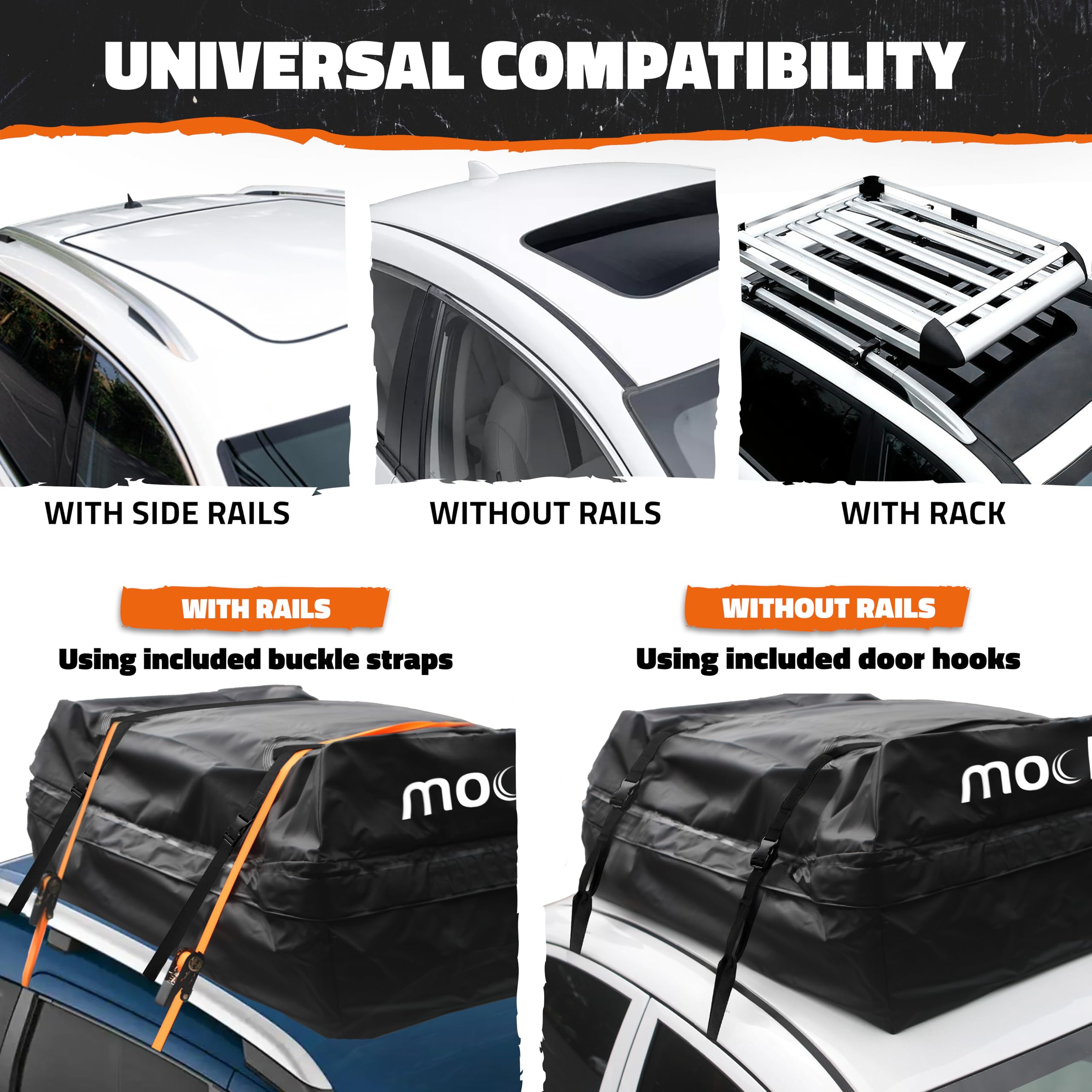 Mockins 16 Cu.Ft. Heavy Duty Car Roof Bag 45''X34''X18'' | Works With Or Without Roof Rack | Great For Road Trip Vacations, Camp