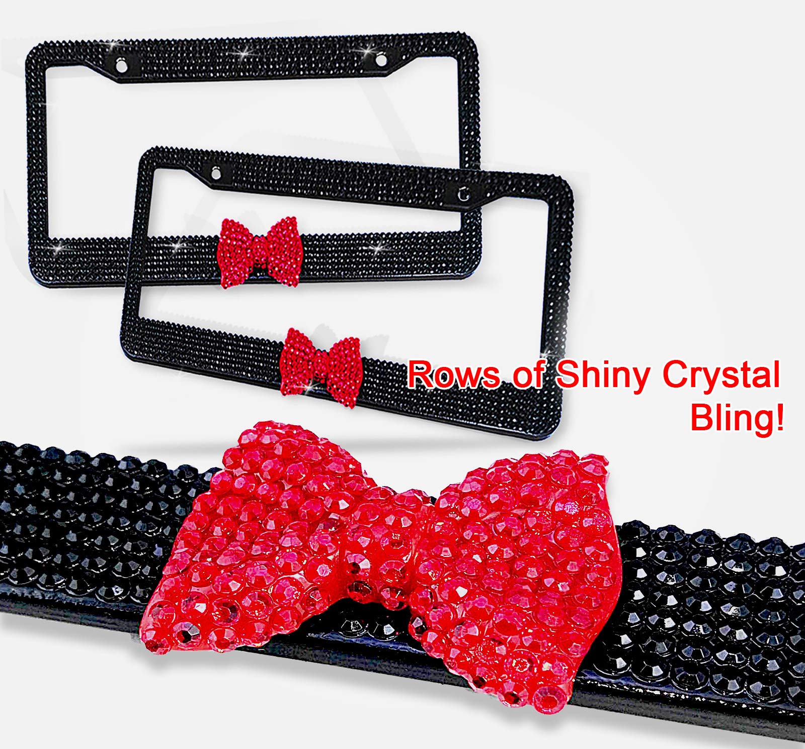 Zento Deals Shiny Bling Women License Plate Frame- Crystal BlackRhinestones with Red Ribbon Bow- 2-Pack Premium Quality License