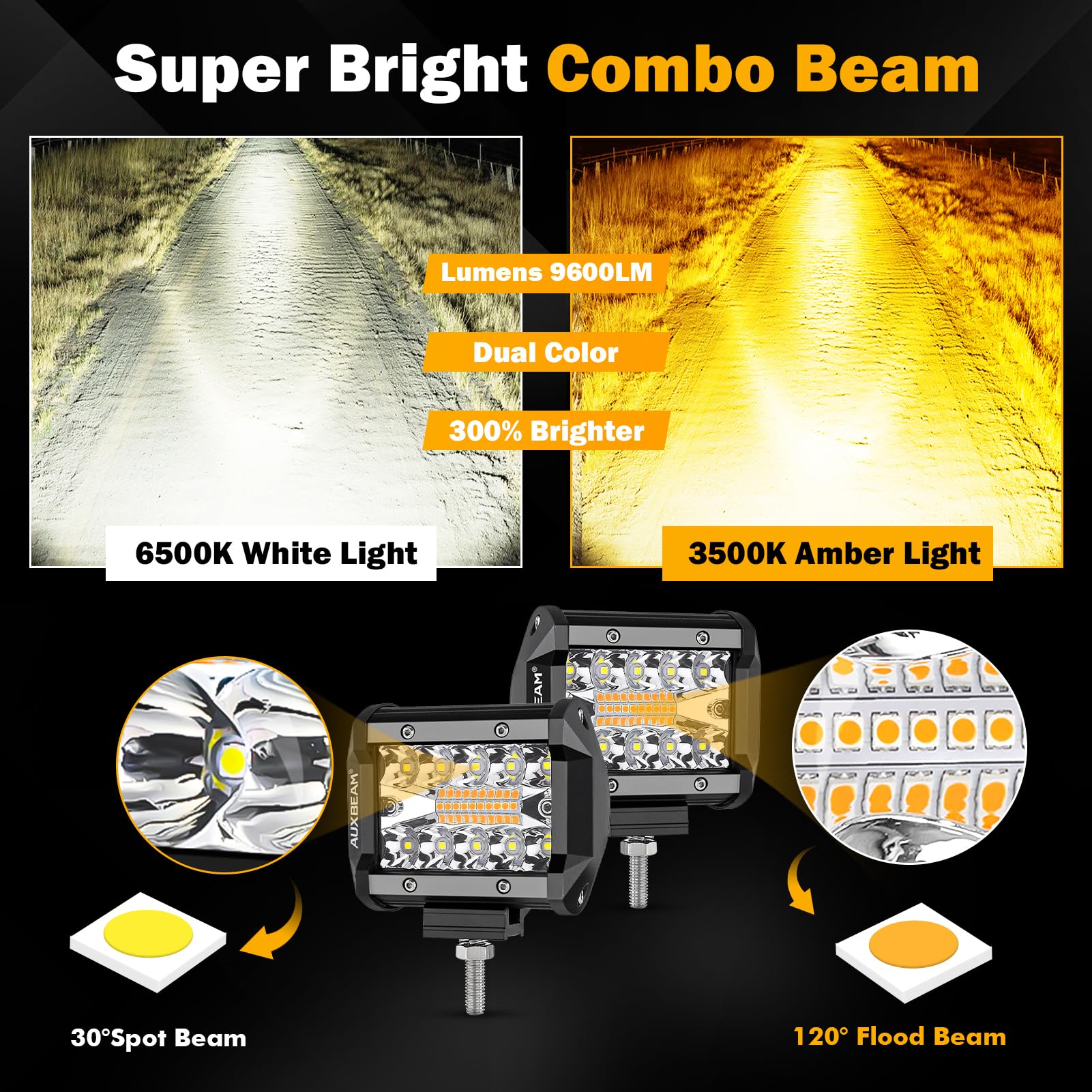 Auxbeam Led Light Bar 4Pcs 4 ' ' Inch White/Amber Yellow Led Pods