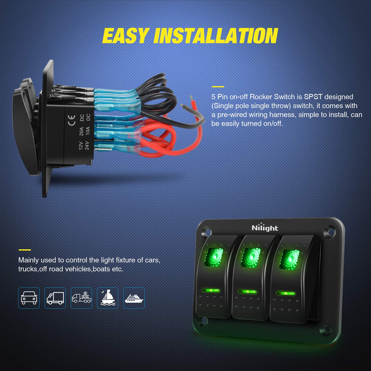 Nilight 3 Gang Aluminum Rocker Switch Panel Toggle Dash 5 Pin On/Off Pre-Wired Rocker Switch Greenbacklit Switch For Automotive