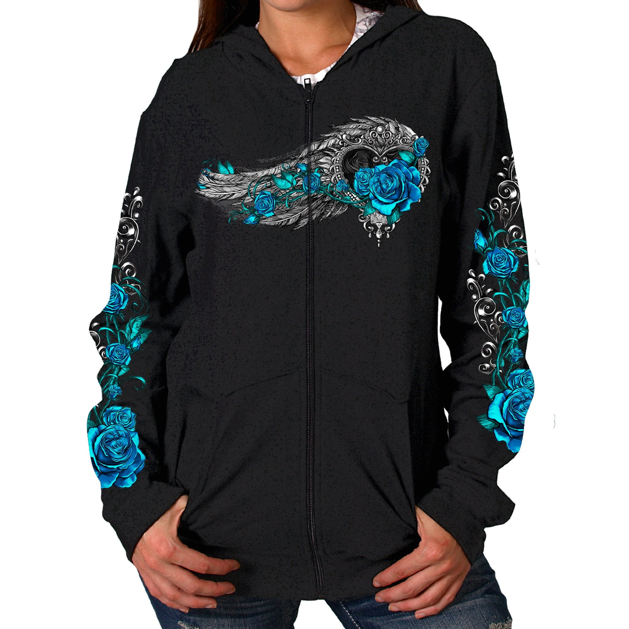 Hot Leathers Angel Roses Zip-Up Womens Hooded Sweatshirt (Black, Medium)