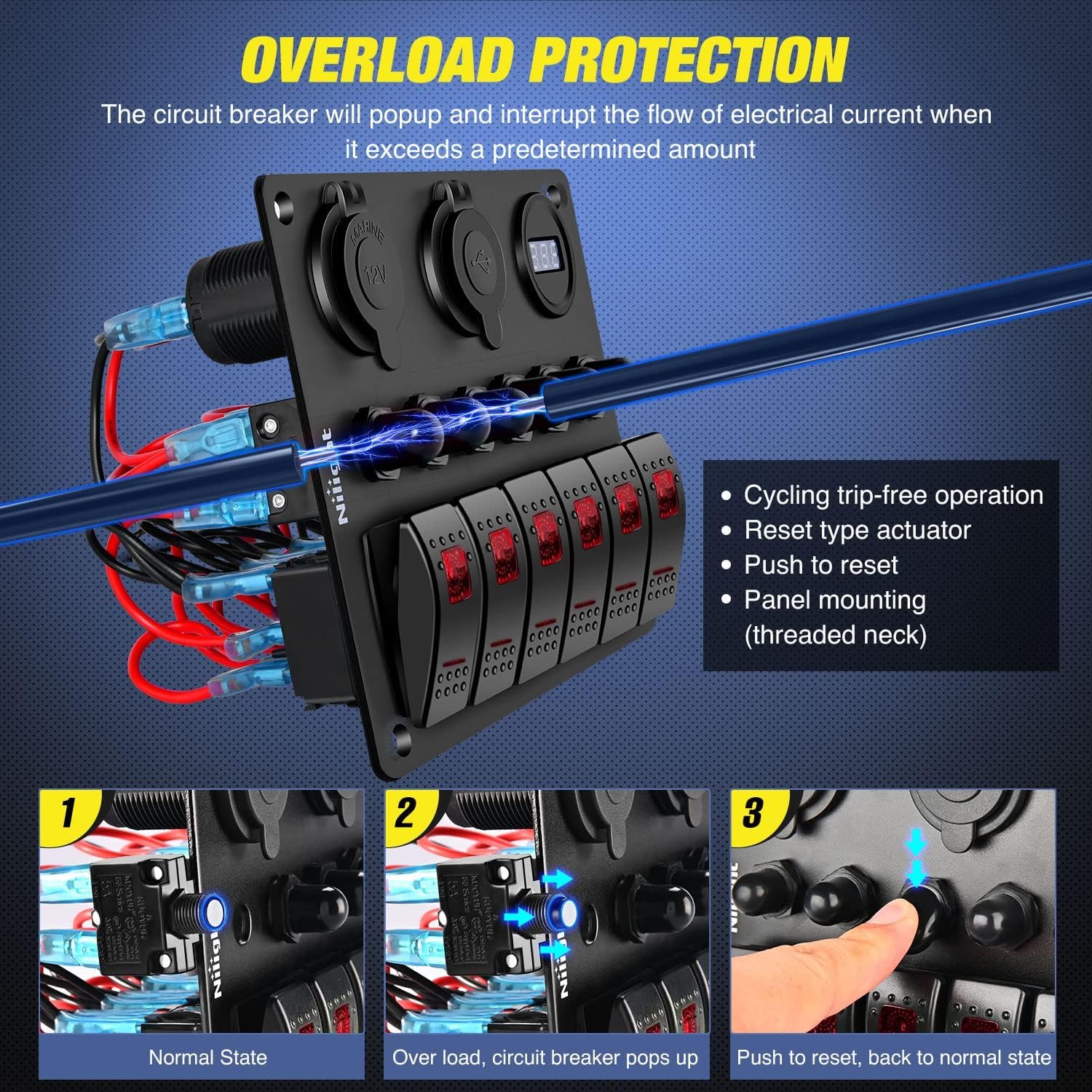 Nilight 6 Gang On Off Rocker Switch Panel Red Backlit 12V 24V Led Digital Voltmeter 3.1A Dual Usb Charger Cigarette Lighter Sock