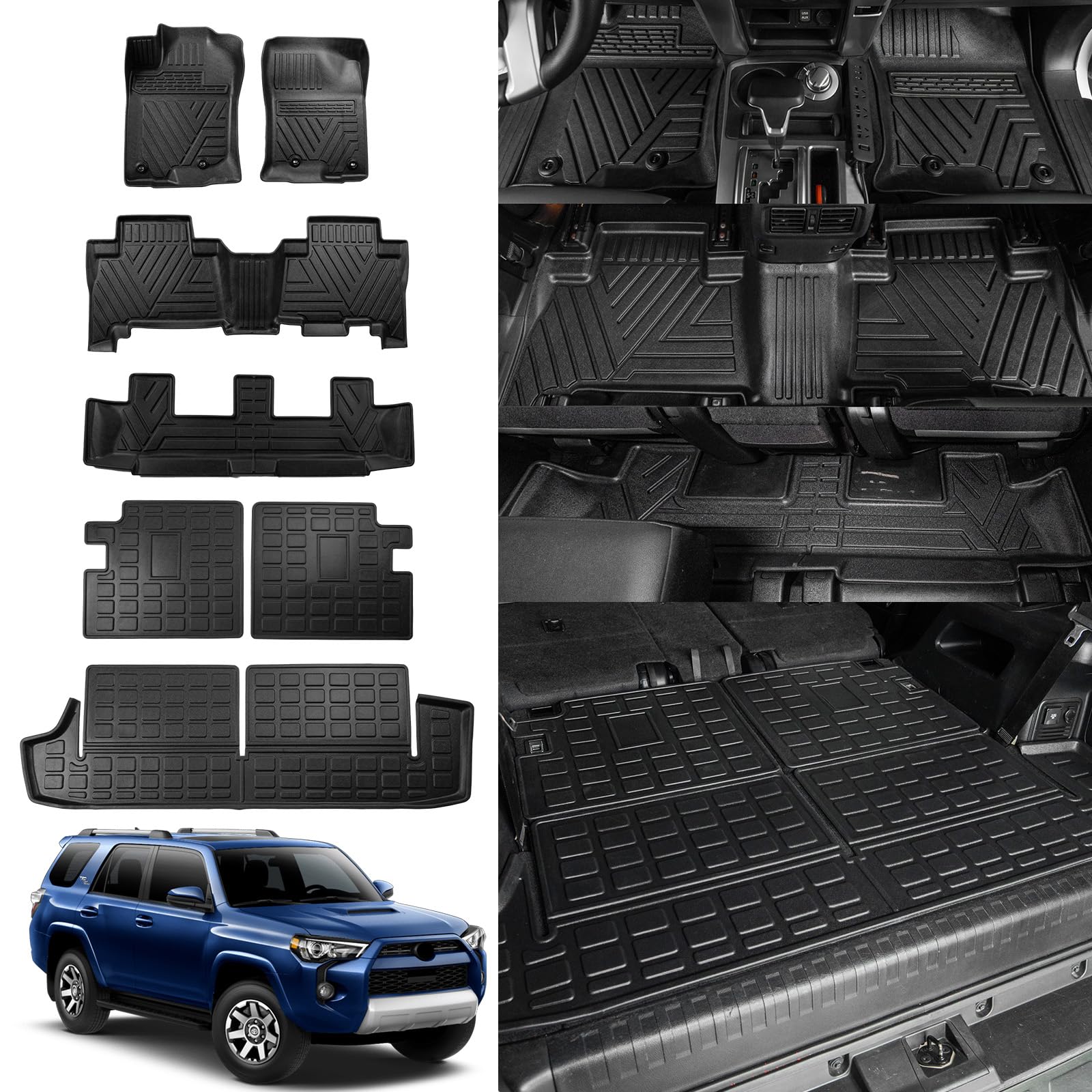Rongtaod Floor Mats Compatible With 2013-2024 Toyota 4Runner 7 Seats Trunk Liner Cargo Liner Cargo Mat Back Seat Cover Protector 4 Runner Accessories (3Rd Row Backrest Mats+Trunk Mat+Floor Mats)