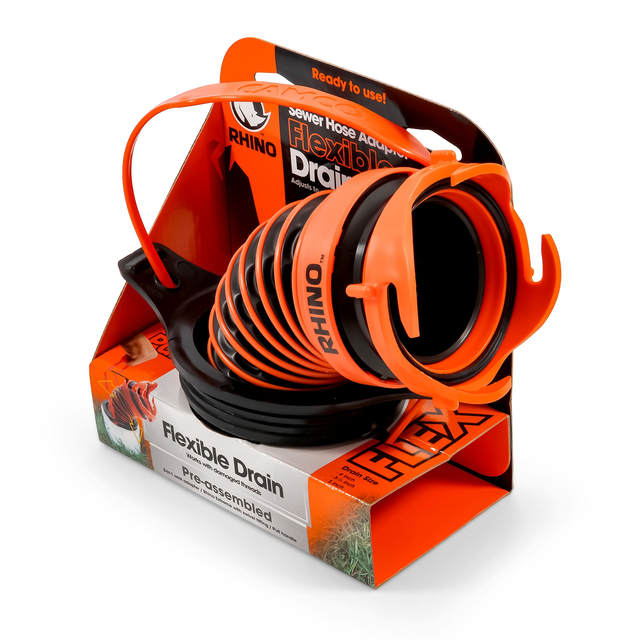 Camco 39319 Flexible 3-In-1 Sewer Hose Seal With Rhinoextreme Hose And Handle- Flexible Fitting Makes Connection To A Sewer Inle