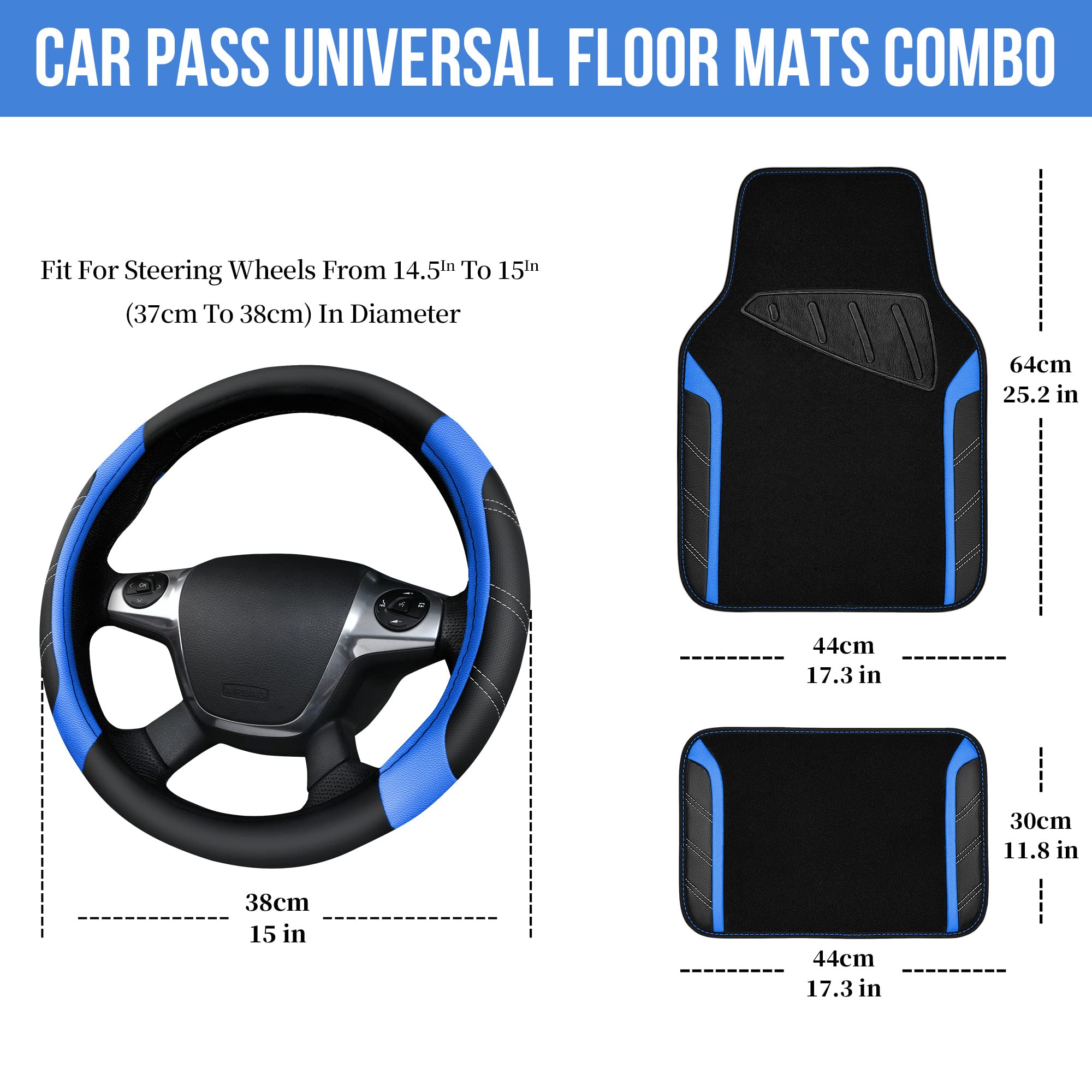 Car Pass Air Mesh Leather Car Seat Covers Full Set,Waterproof Car Floor Mats, Sporty Steering Wheel Cover 14.5-15Inch,Car Interi