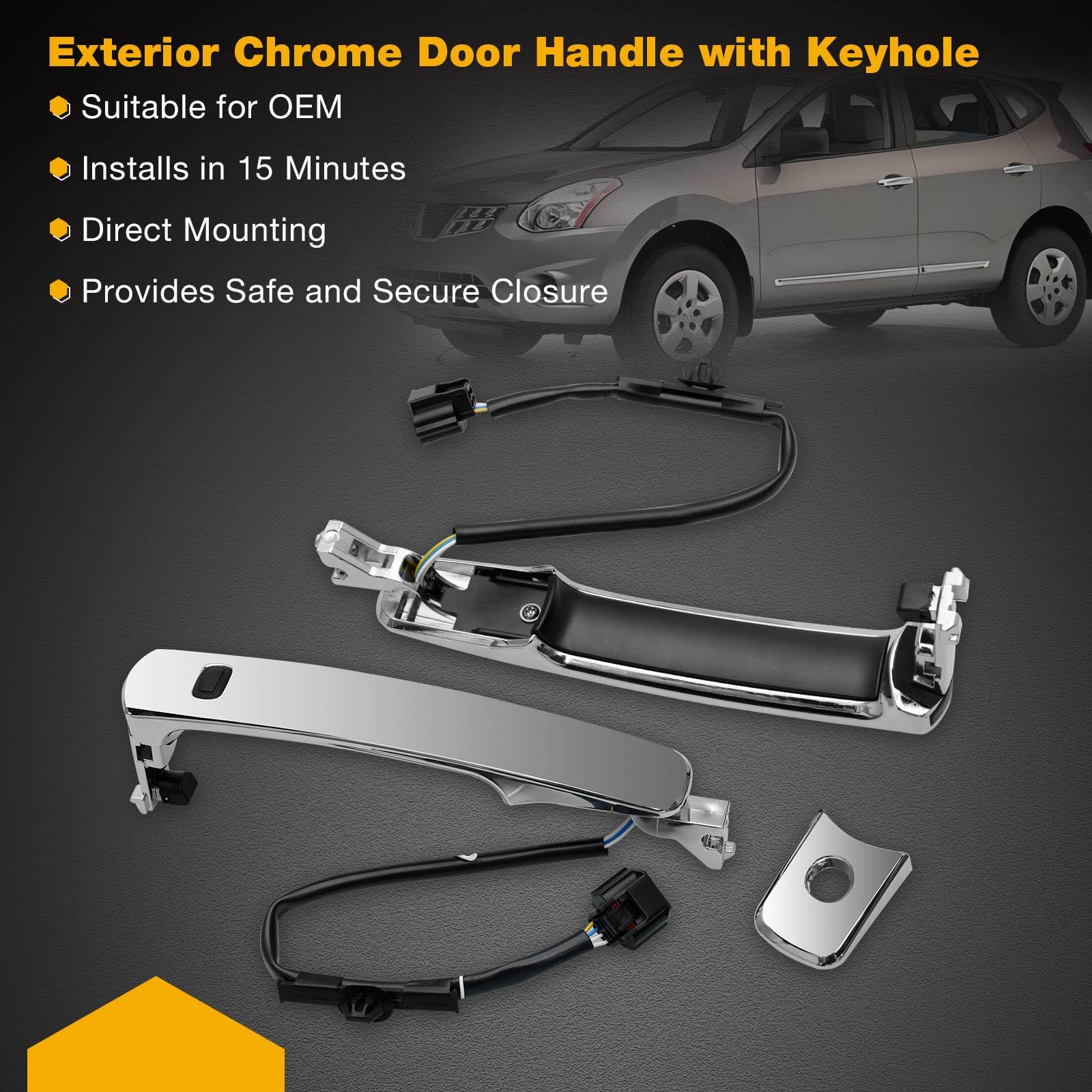 Exterior Chrome Door Handle Front Left Driver Side With Keyhole | Smart Entry Keyless | For 2010-2013 Nissan Rogue | Replaces# 8