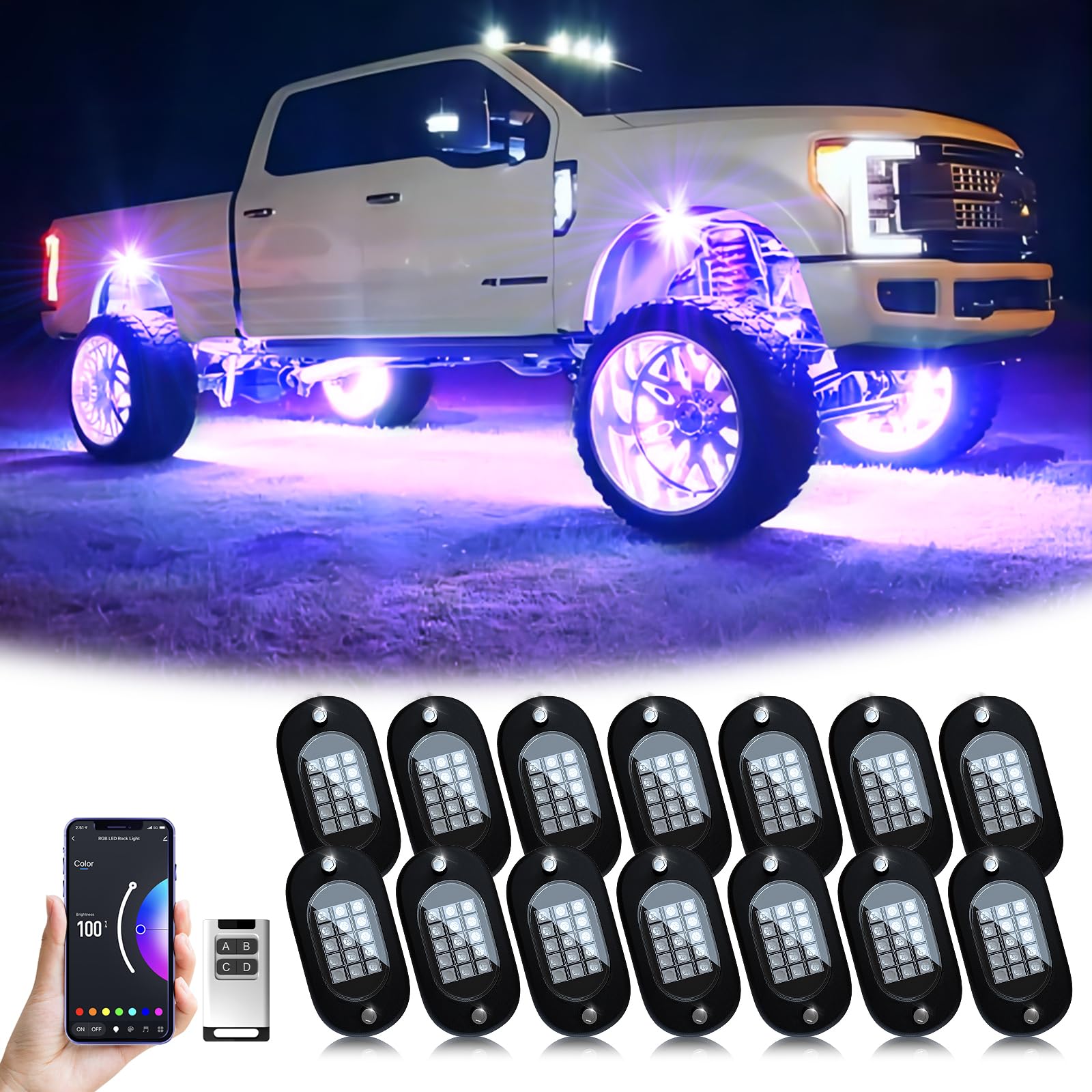 Yilaie Rgb Led Rock Lights 14 Pods, 210 Leds Lights With Phone App/Remote Control & Timing & Music Mode Rock Lights Kits, Waterp