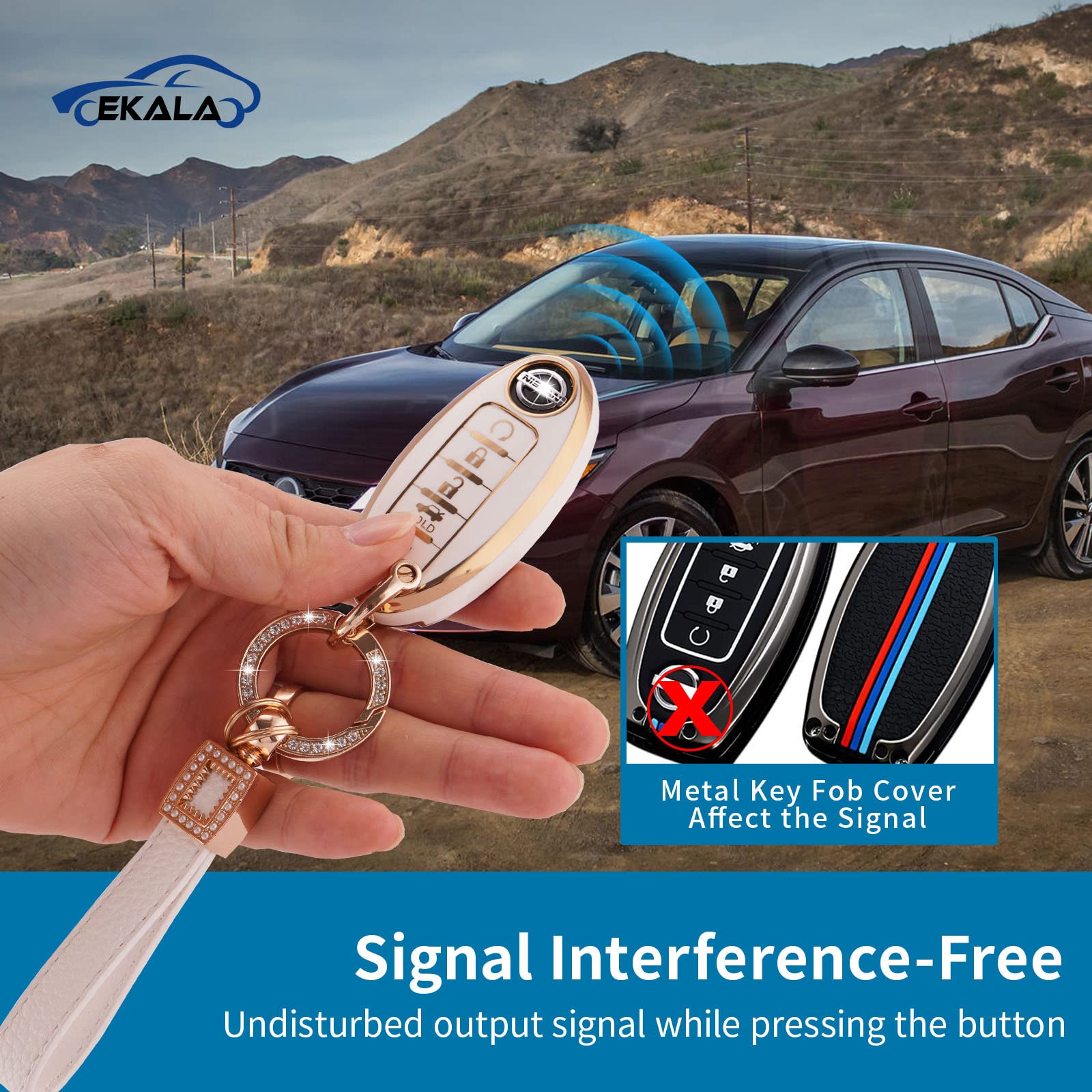 EKALA for Nissan Key Fob Cover 5 Buttons Soft TPU Full Covers Protection Key Case Shell with Leather Keychains Fit for Nissan Al