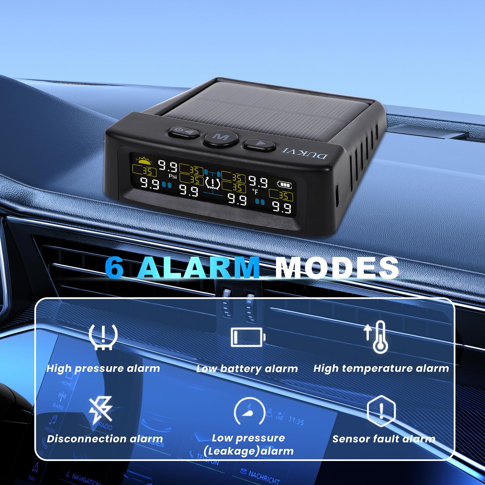 RV Tire Pressure Monitoring System with Solar and USB Charger, Trailer TPMS with 6 Sensors & 6 Alarm Modes, LCD Display Screen,