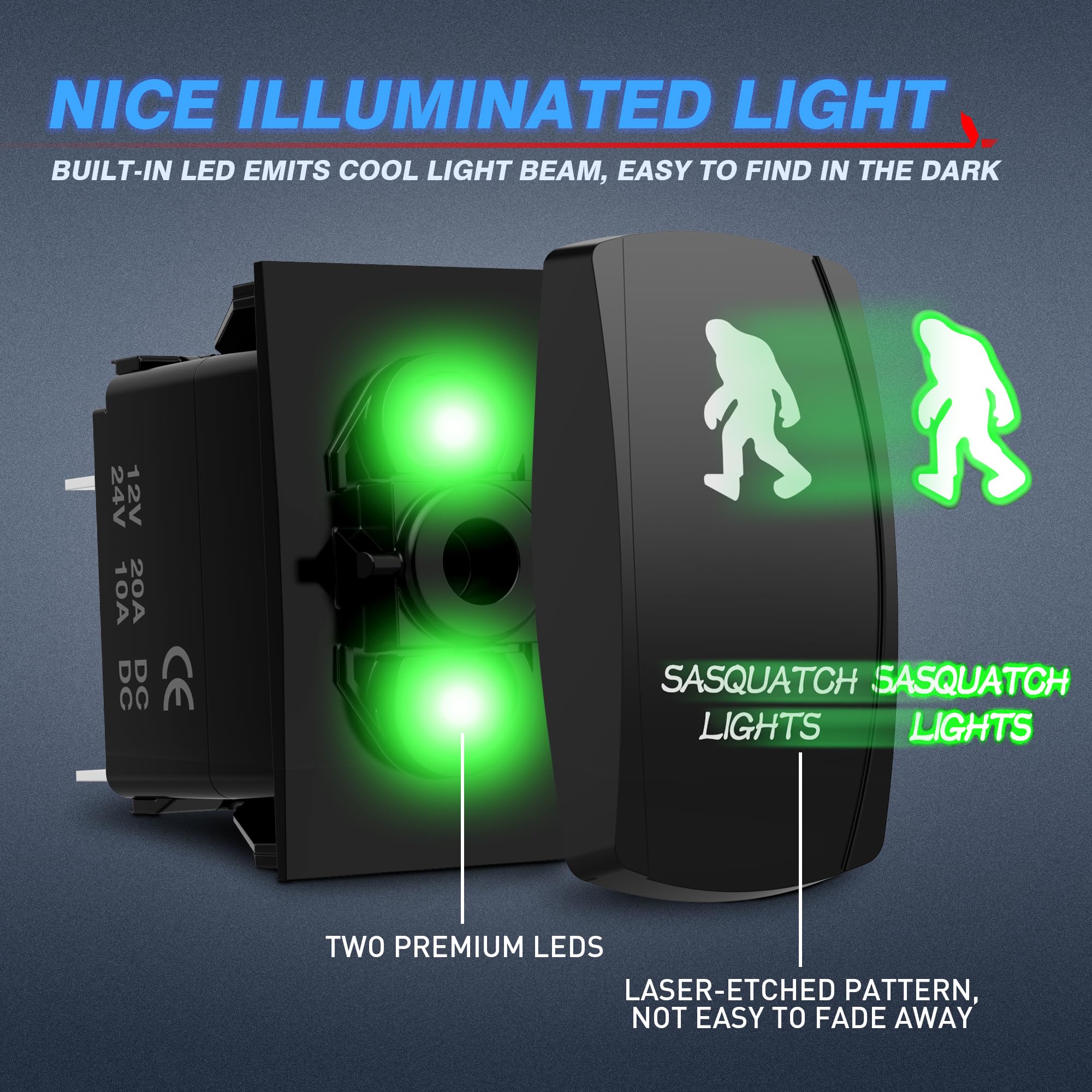 Mictuning 5Pin Bigfoot Rocker Switch On-Off Led Light 20A 12V Green